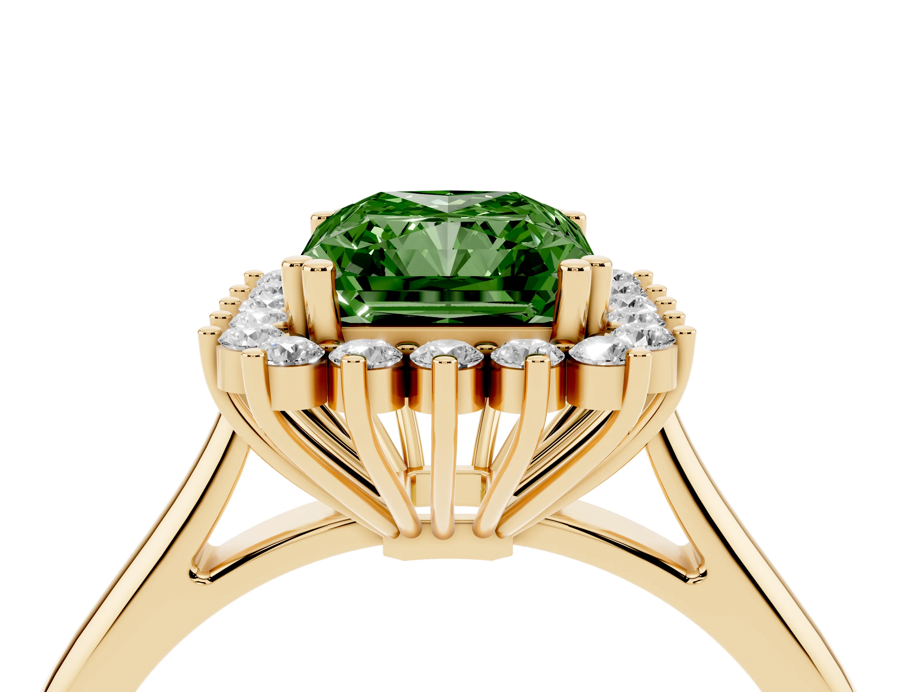 Fancy Green Radiant Cut Diamond Halo Ring Set in Yellow gold with Plain Solitaire Band and Prong Setting