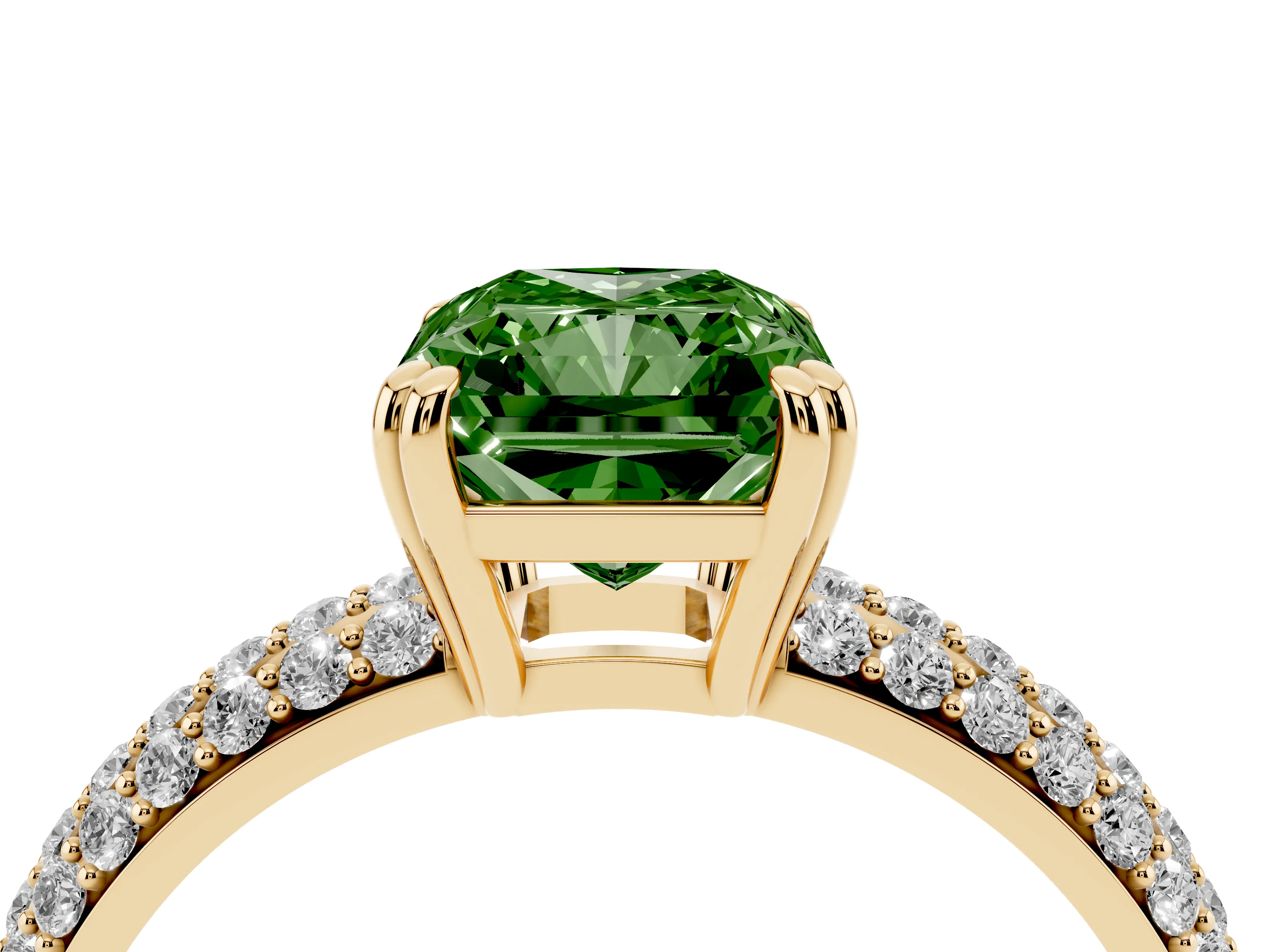 Fancy Green Radiant Cut Diamond Solitaire Ring Set in Yellow gold with Multi-Row Round Pavé Band and Prong Setting