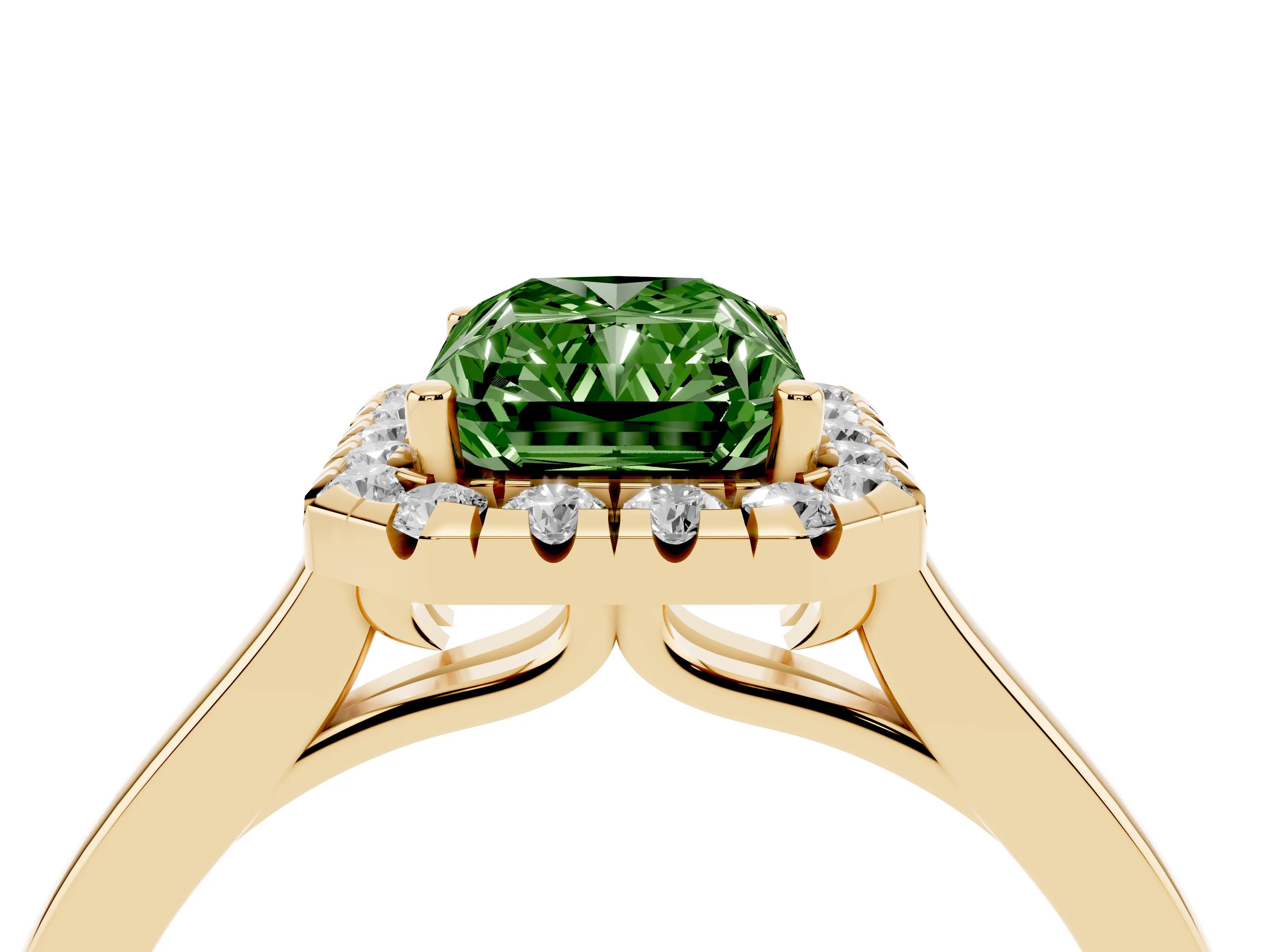 Fancy Green Radiant Cut Halo Round Diamond Solitaire Ring Set in Yellow gold with Pavé Band and Prong Setting