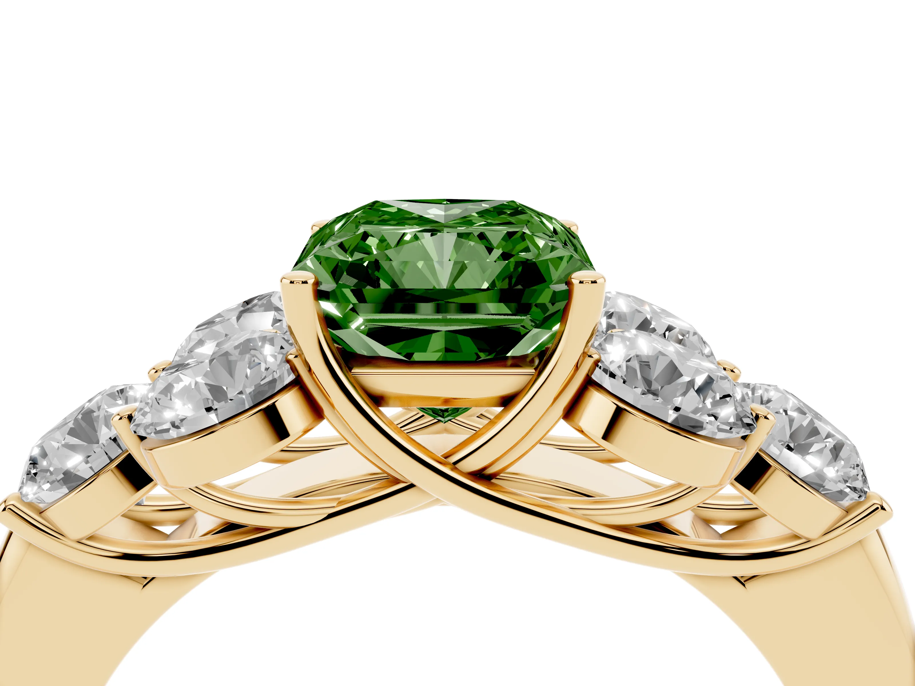 Fancy Green Radiant Cut Diamond Cluster Ring Set in Yellow gold with Round Accent Stones and Prong Setting on a Plain Band