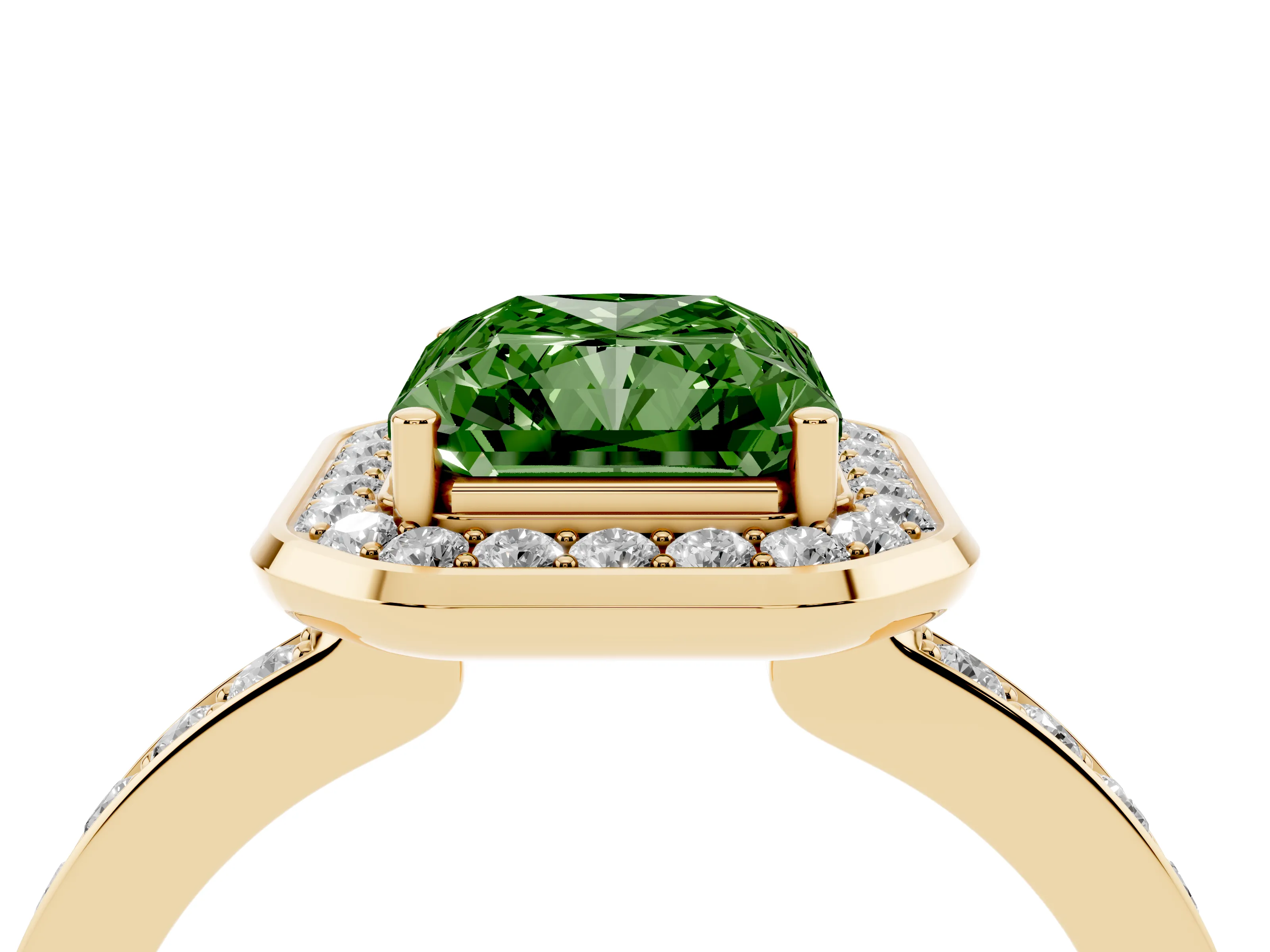 Fancy Green Radiant Cut Diamond Halo Ring Set in Yellow gold with Bezel Frame and Pavé Band