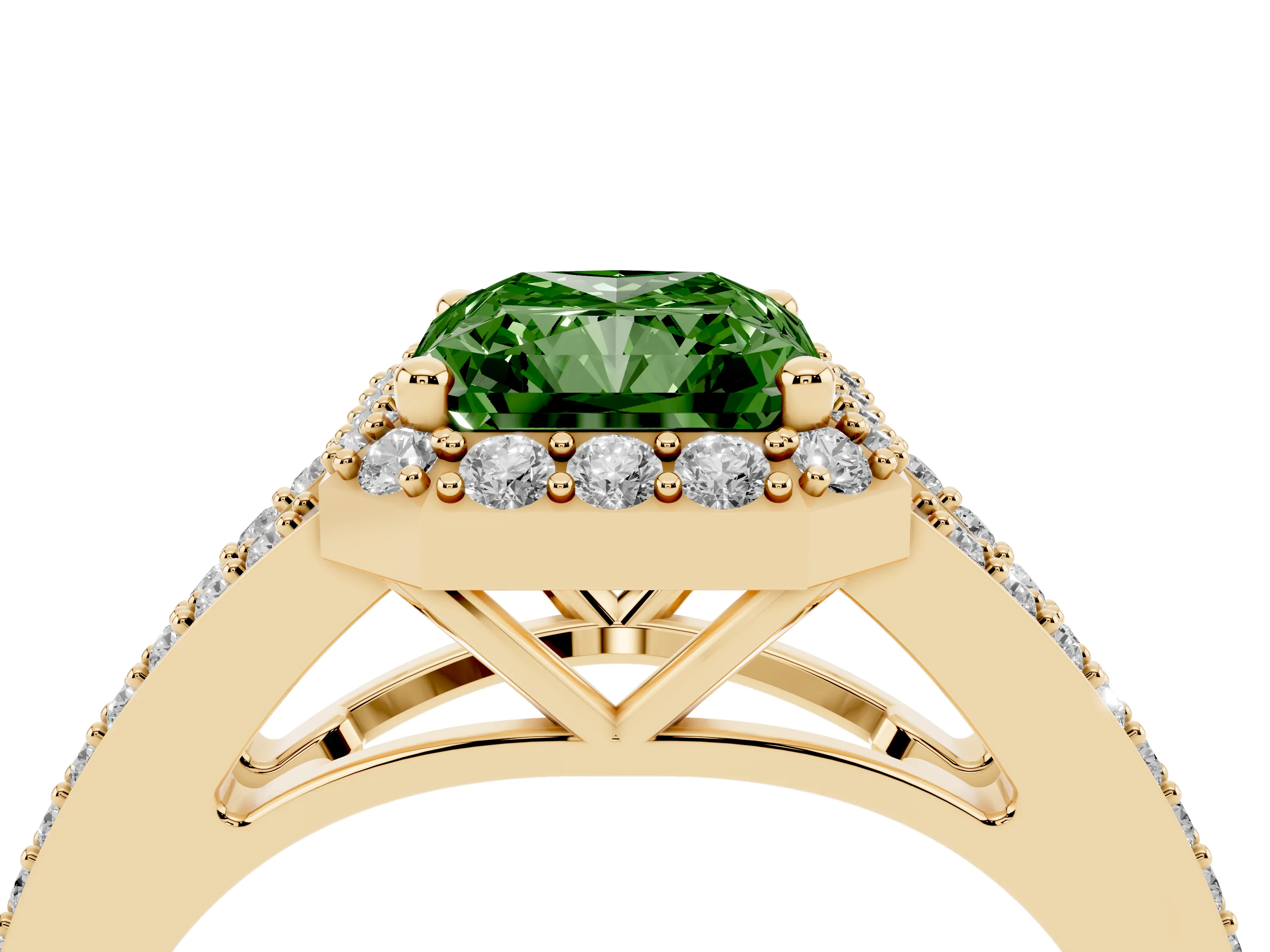 Fancy Green Radiant Cut Diamond Halo Split Shank Pavé Ring Set in Yellow gold with Prong Setting