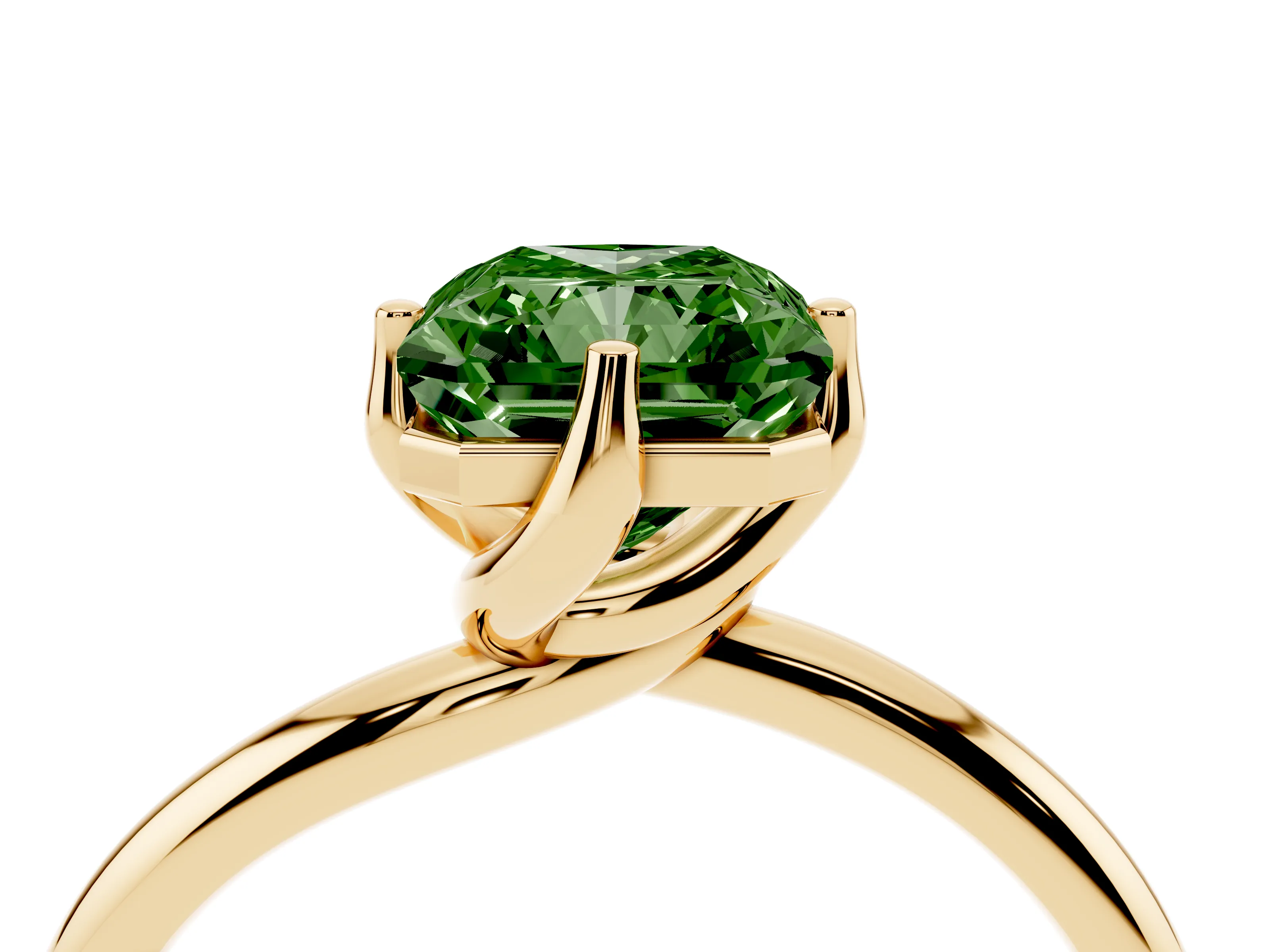 Fancy Green Radiant Cut Diamond Solitaire Engagement Ring Set in Yellow gold with Classic Plain Band