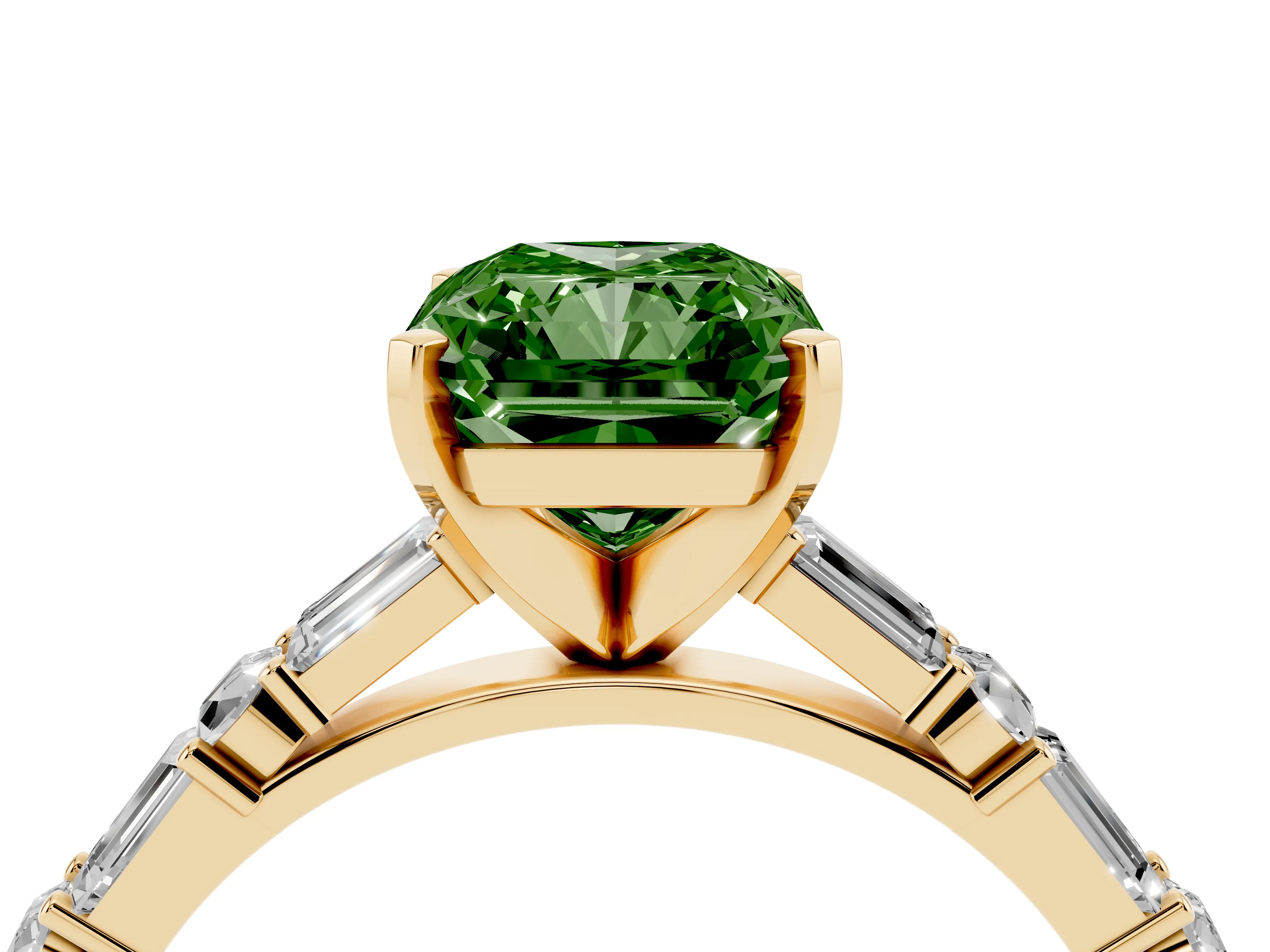 Fancy Green Radiant Cut Diamond Solitaire Set in Yellow gold with Side Baguettes and Channel Set Band