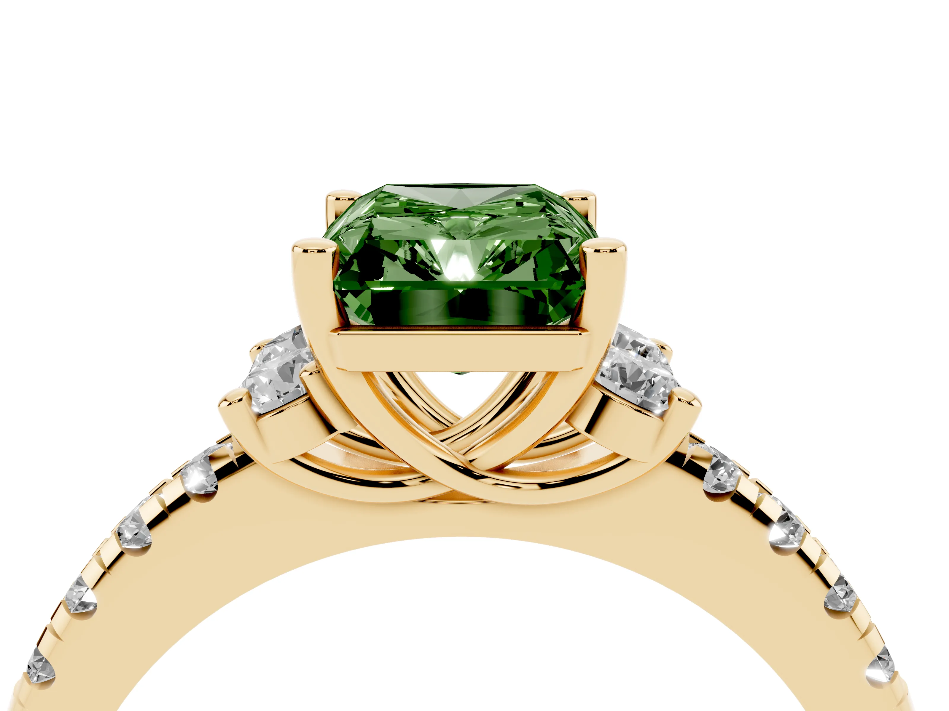 Fancy Green Radiant Cut Diamond Three-Stone Pavé Ring Set in Yellow gold with Prong Setting