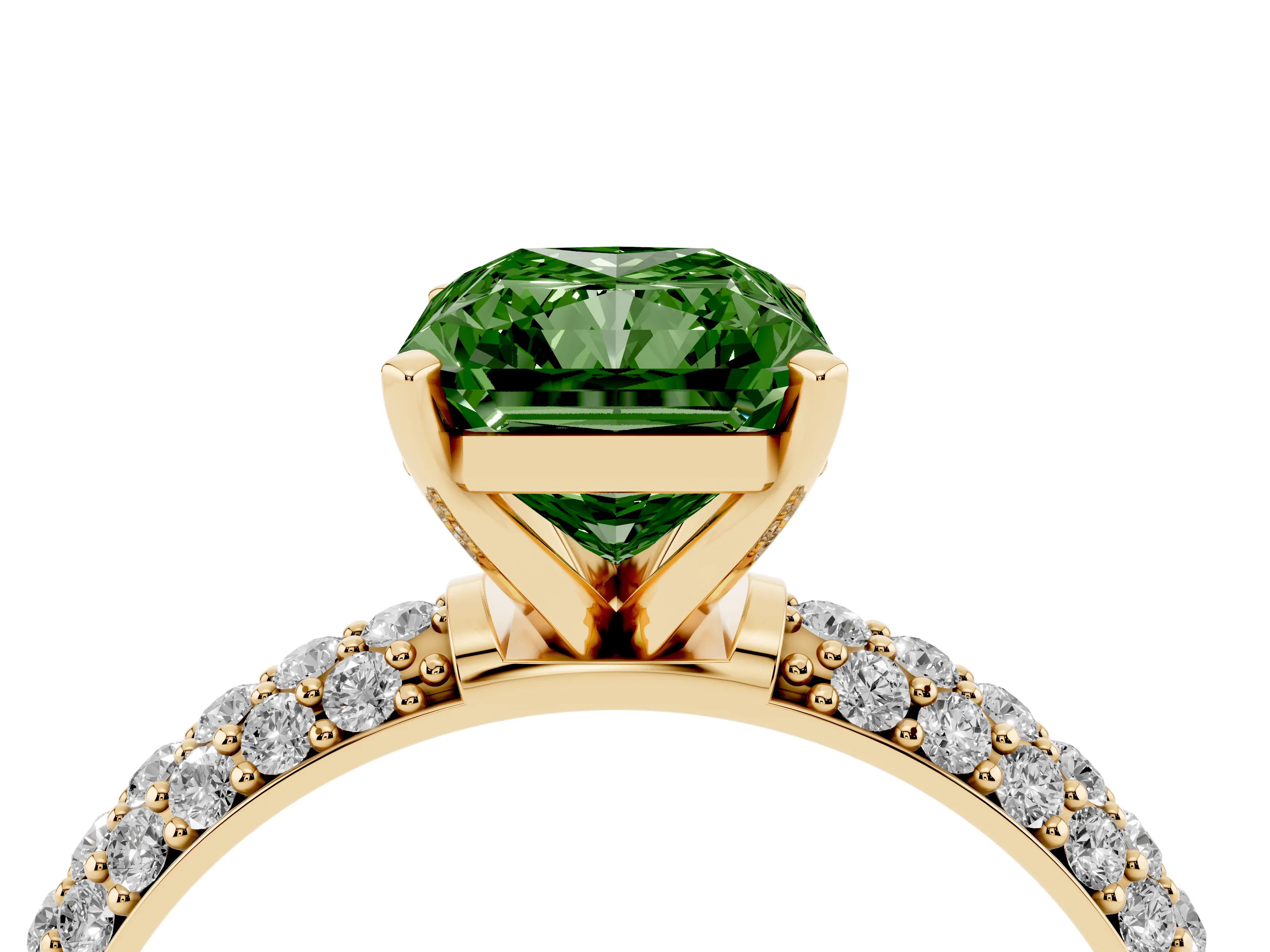 Fancy Green Radiant Cut Diamond Solitaire Ring Set in Yellow gold with Prong Setting and Pavé-Set Band