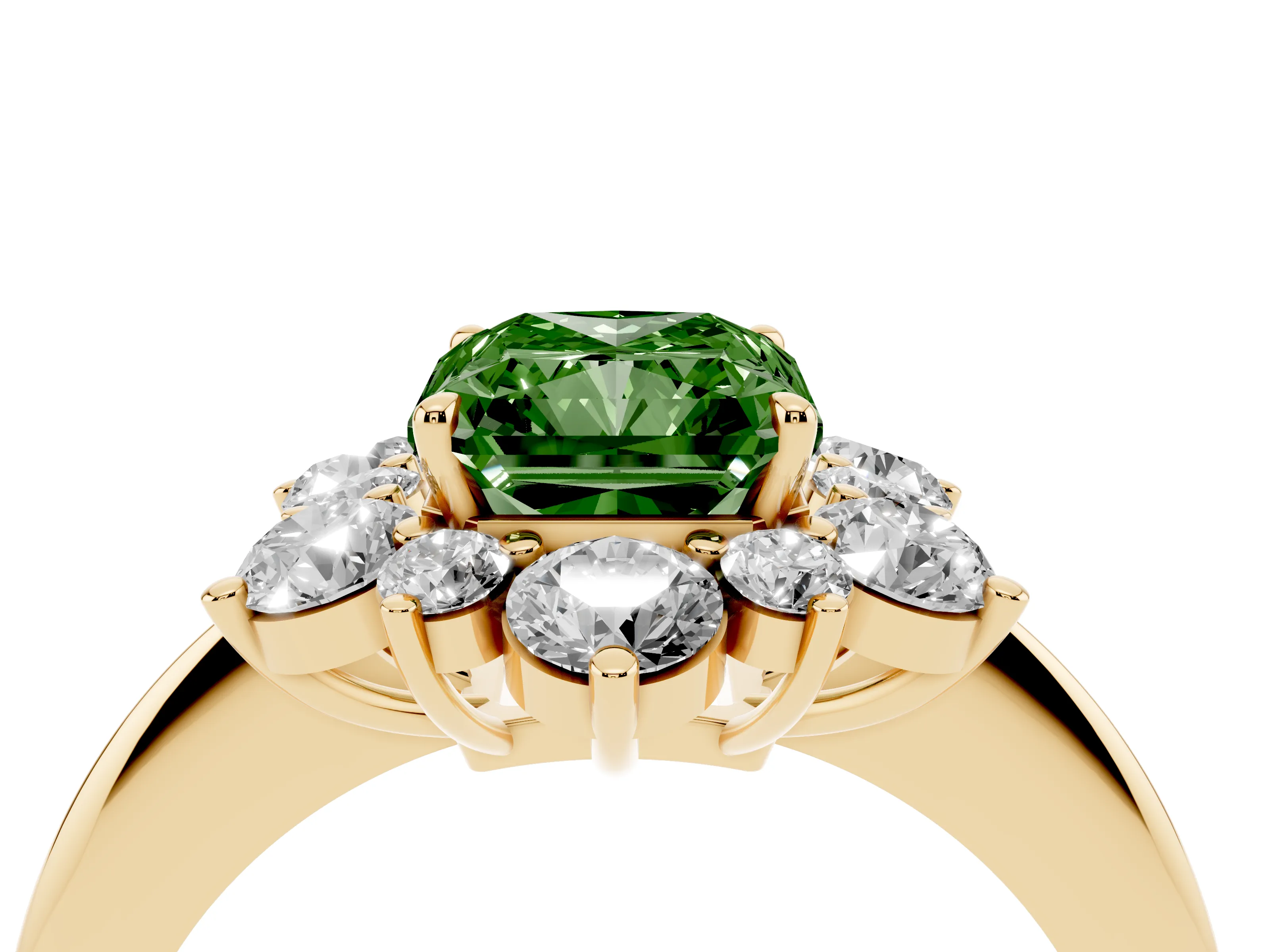 Fancy Green Radiant Cut Diamond Cluster Halo Ring Set in Yellow gold with Solitaire Band and Prong Setting