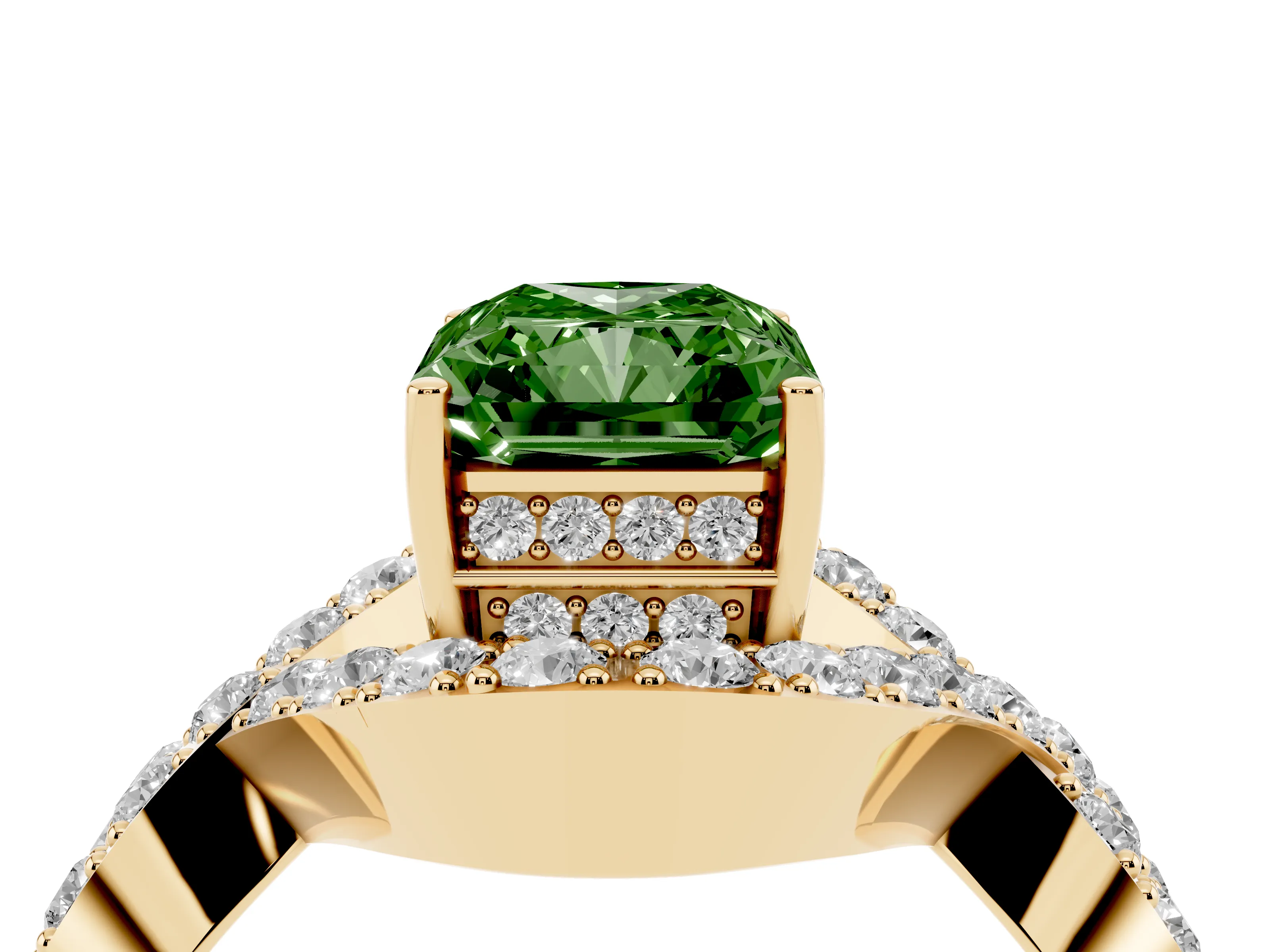 Fancy Green Radiant Cut Diamond Solitaire Twist Band Pavé Engagement Ring Set in Yellow gold