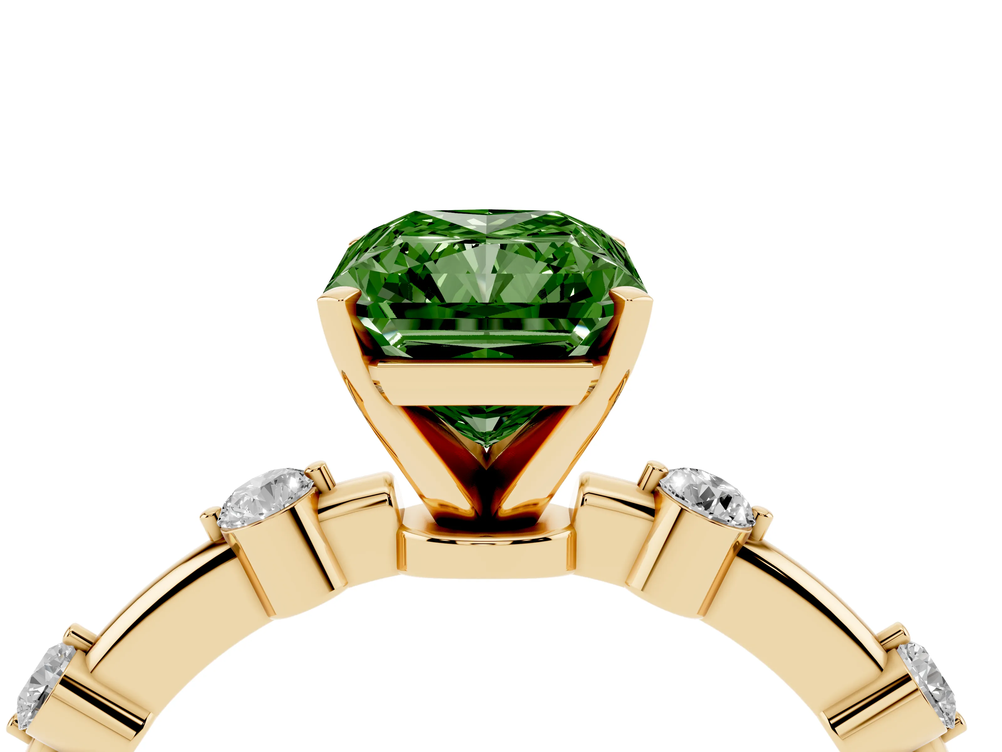 Fancy Green Radiant Cut Diamond Solitaire Ring Set in Yellow gold with Bezel Set Side Stones and Prong Setting