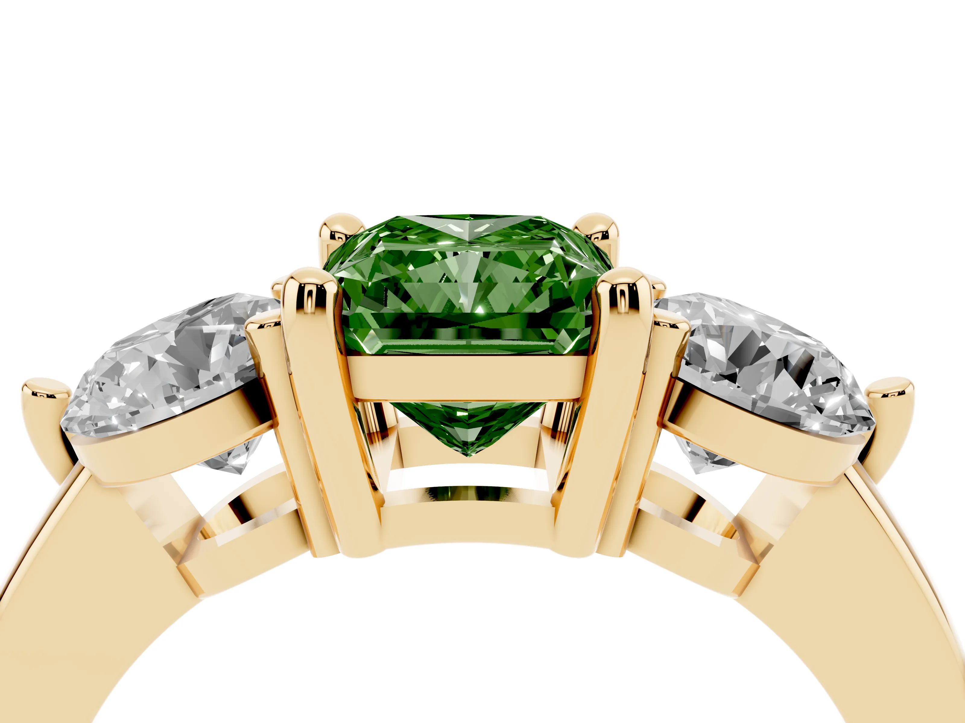 Fancy Green Radiant Cut Diamond Three-Stone Ring Set in Yellow gold with Prong Setting and Classic Band