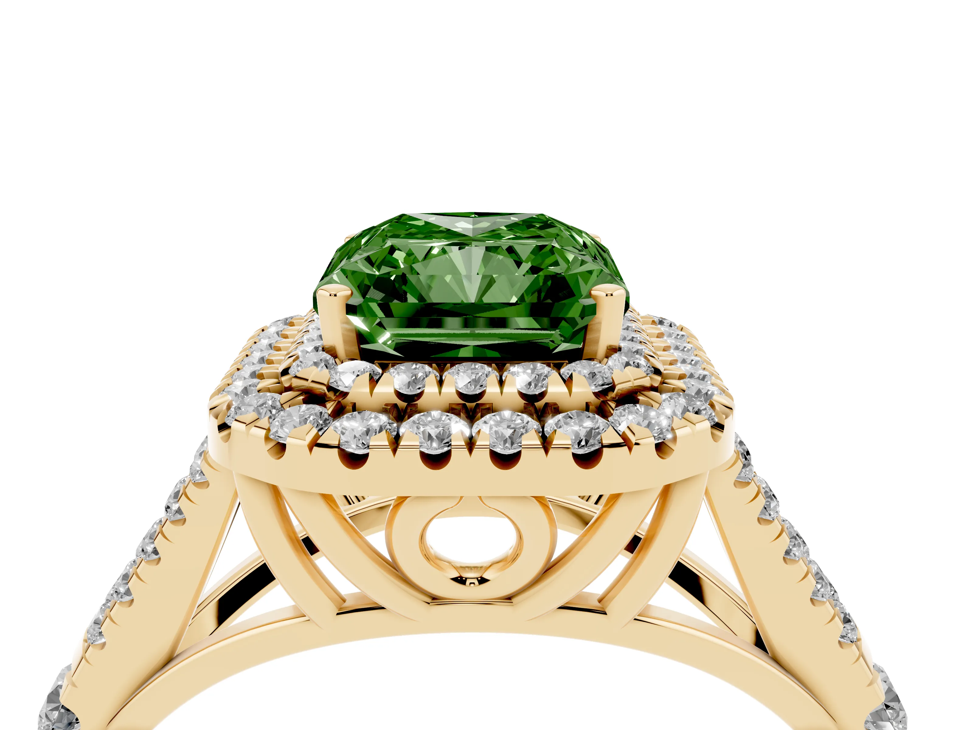 Fancy Green Radiant Cut Diamond Pavé Split Shank Double Halo Engagement Ring Set in Yellow gold