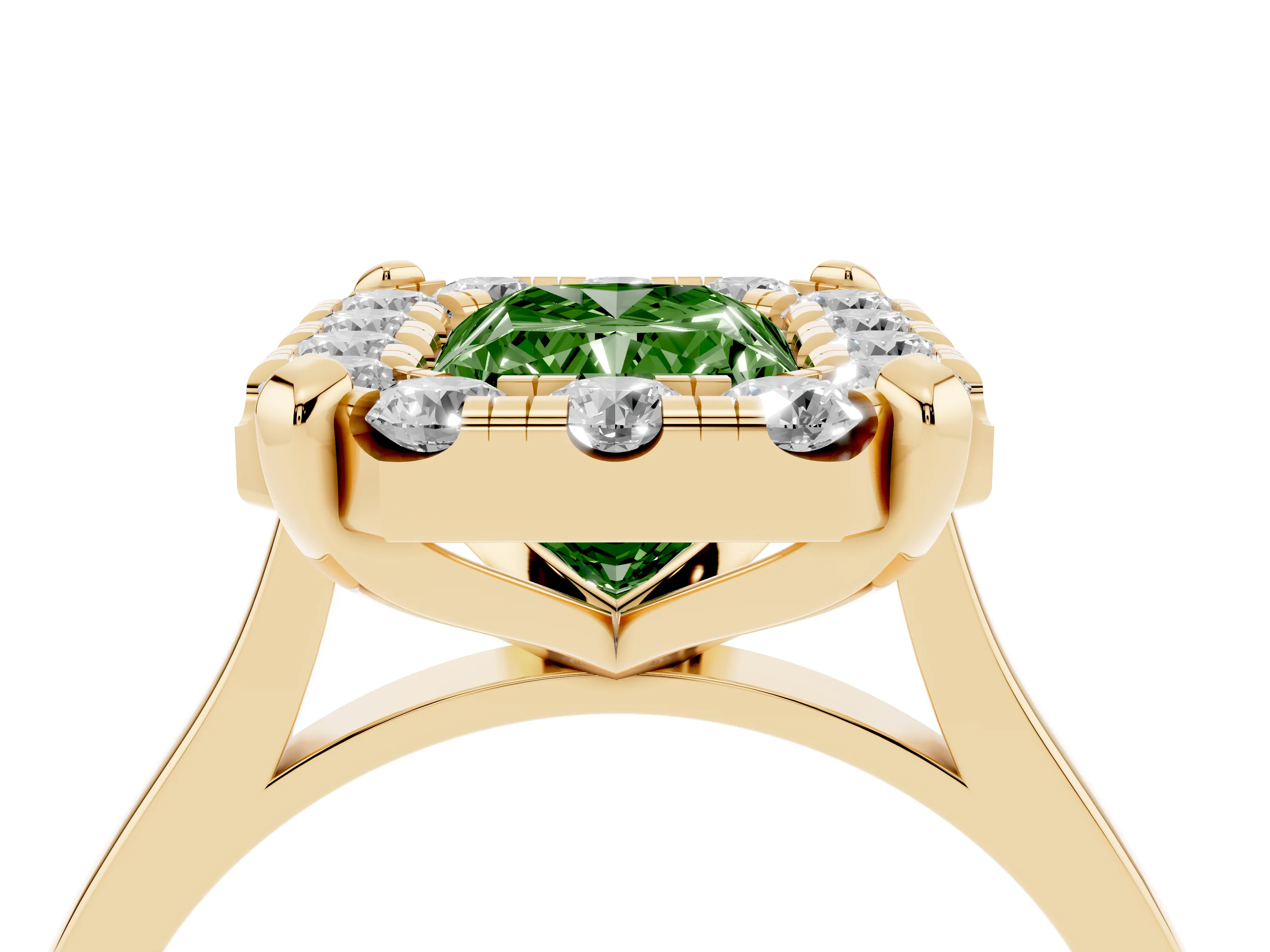Fancy Green Radiant Cut Diamond Cluster Halo Solitaire Ring Set in Yellow gold with Prong Setting