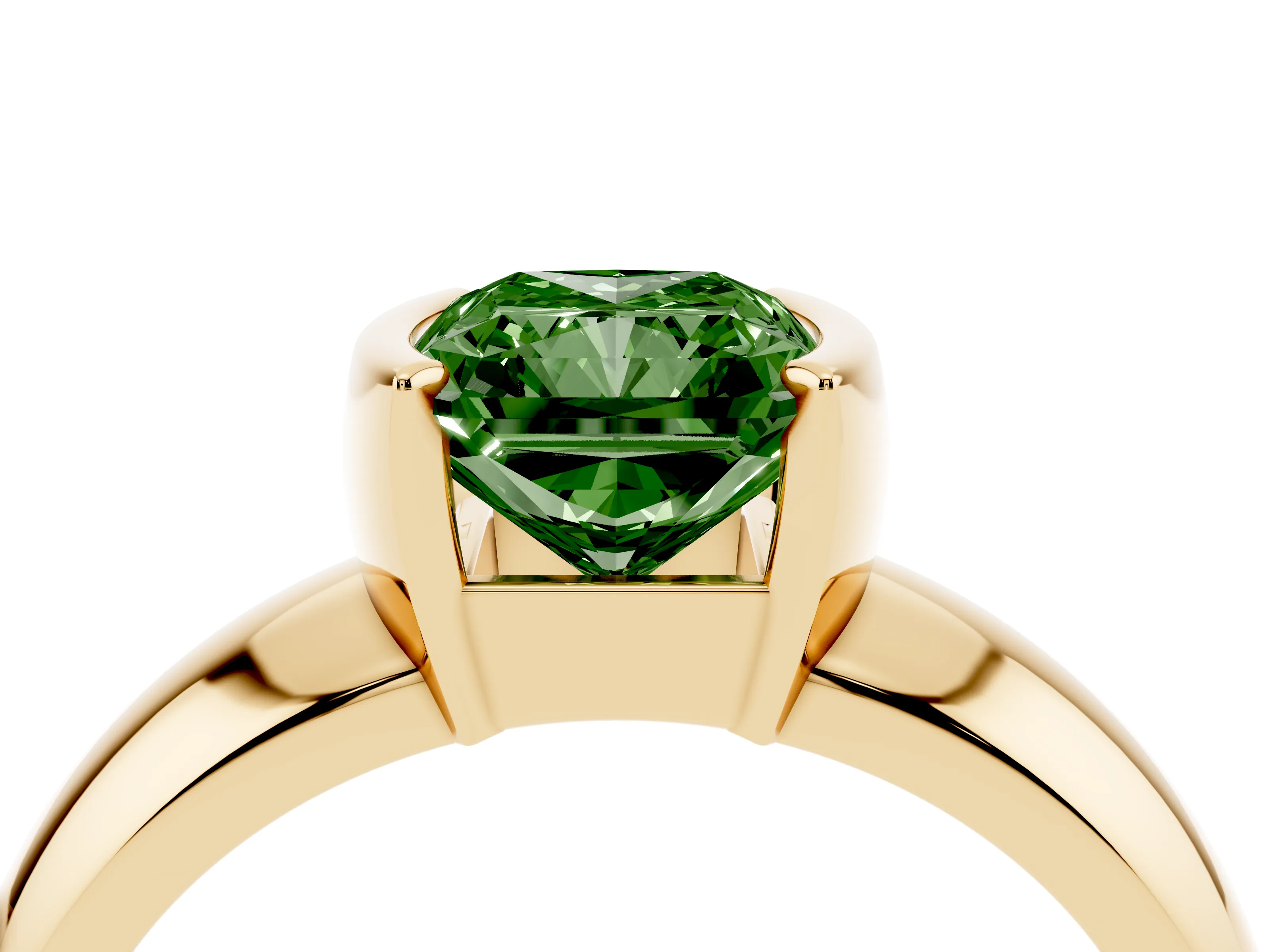 Fancy Green Radiant Cut Diamond Solitaire Tension Set Ring Set in Yellow gold with Wide Band