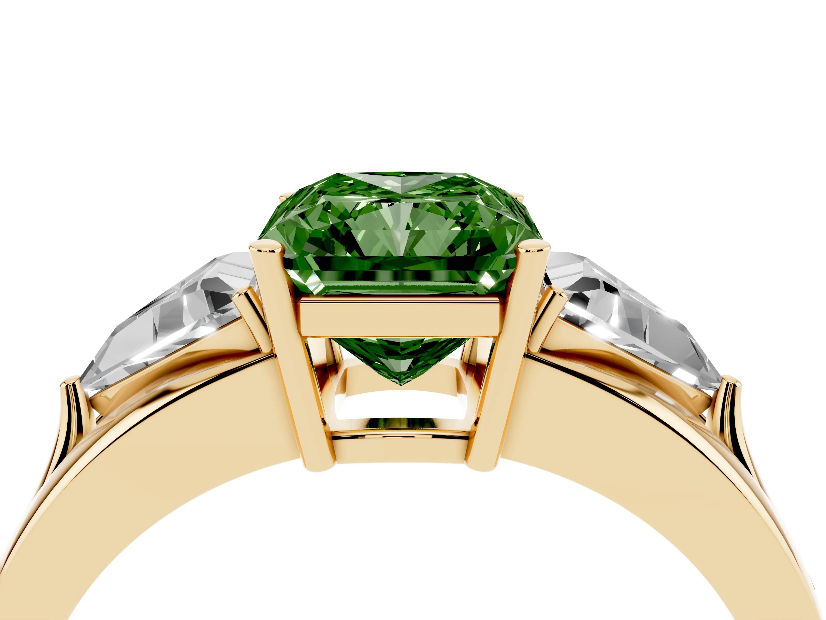 Fancy Green Radiant Cut Diamond Three-Stone Ring Set in Yellow gold with Trillion Side Stones and Split Shank
