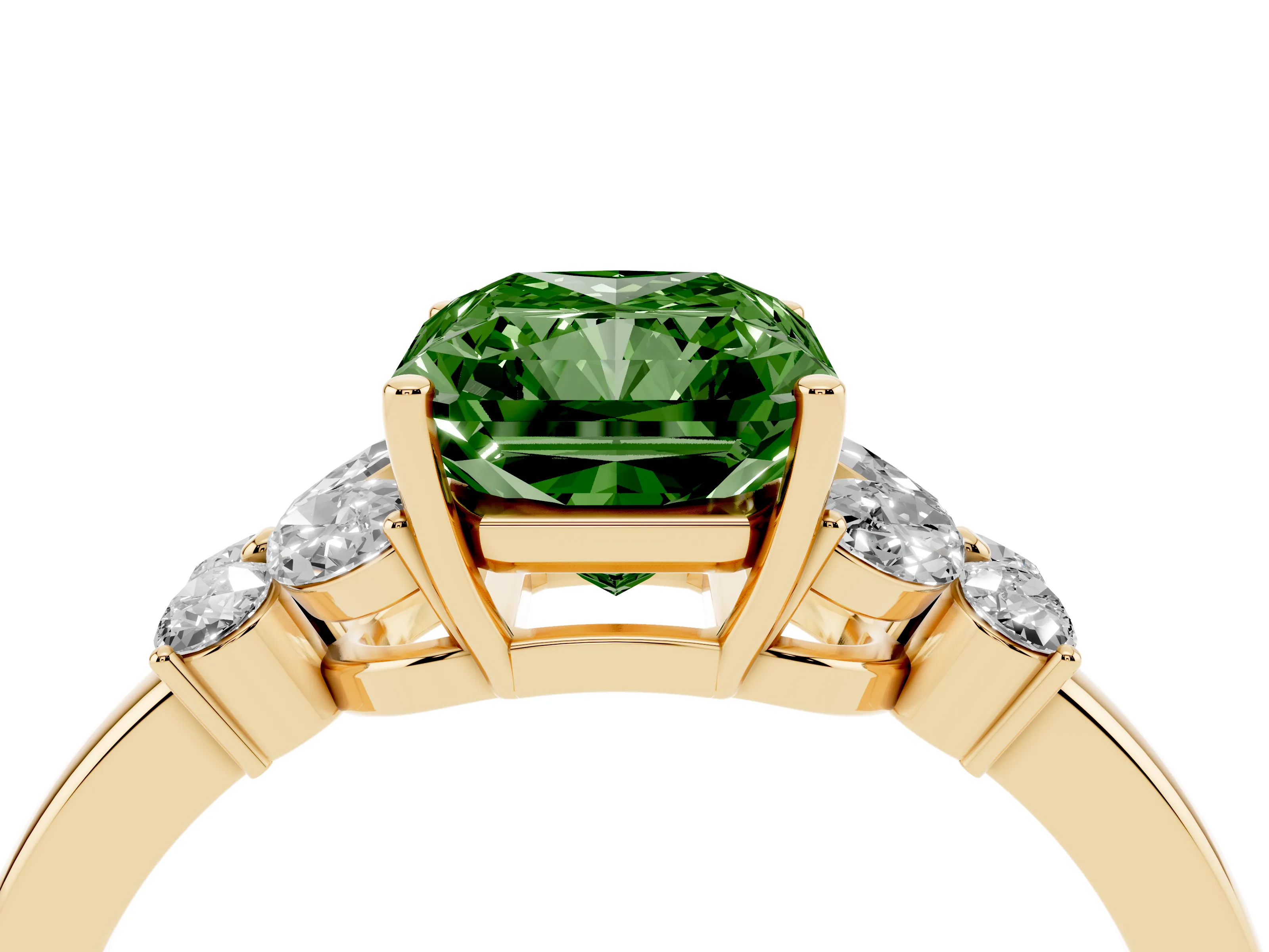 Fancy Green Radiant Cut Diamond Solitaire Floral Ring Set in Yellow gold with Marquise Petals and Prong Setting