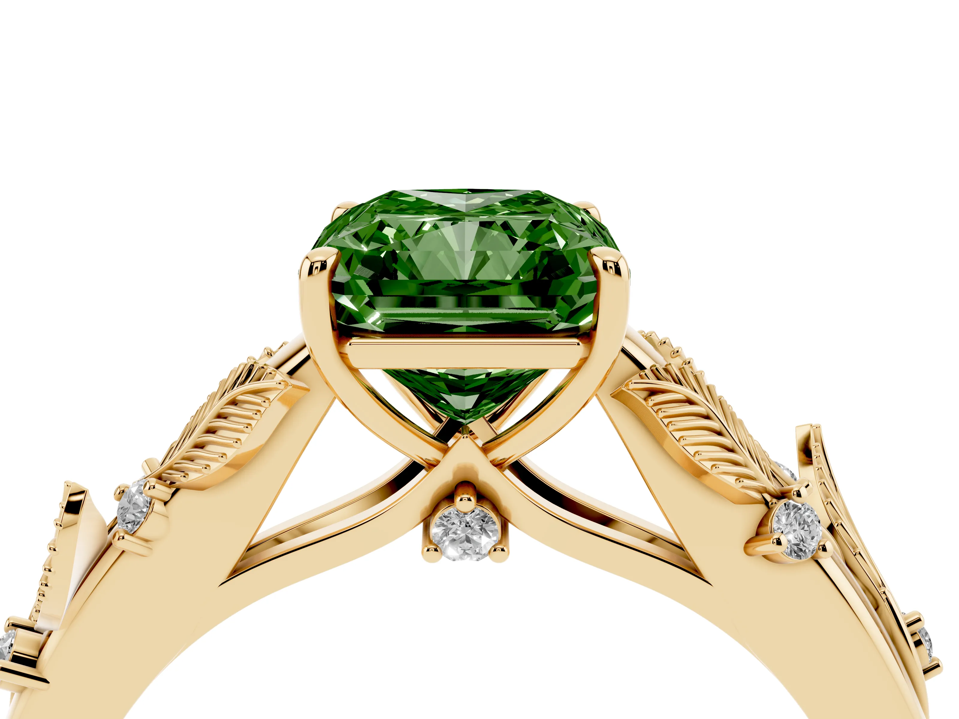 Fancy Green Radiant Cut Diamond Solitaire Ring Set in Yellow gold with Leaf Motif Band
