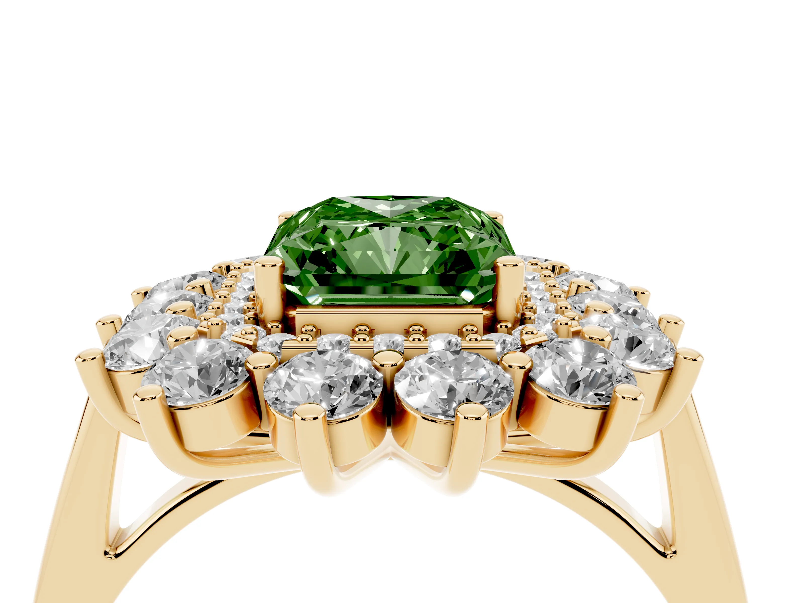 Fancy Green Radiant Cut Diamond Floral Double Halo Ring Set in Yellow gold with Round Petals