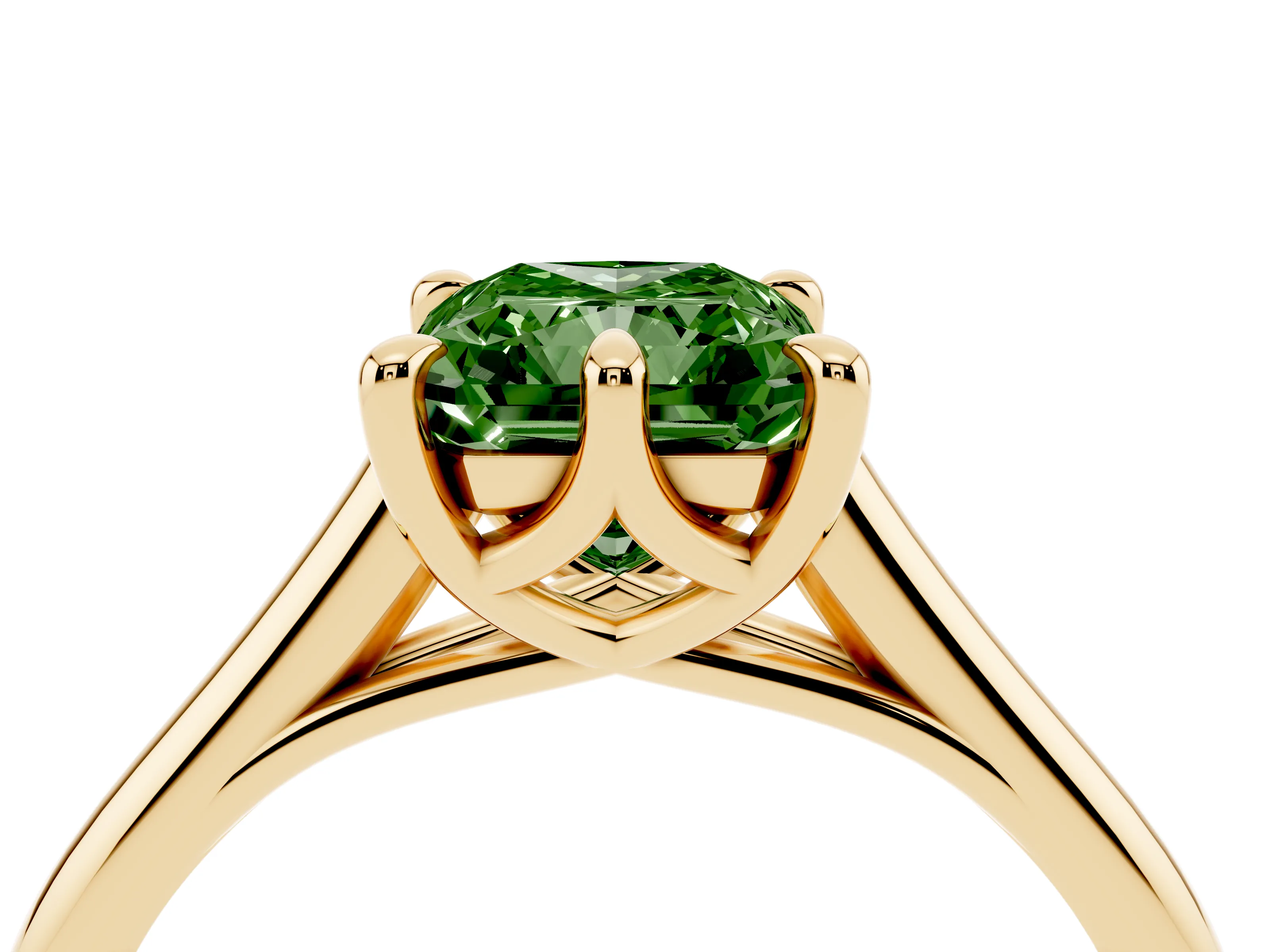 Fancy Green Radiant Cut Diamond Solitaire Engagement Ring Set in Yellow gold with Prong Setting and Plain Classic Band