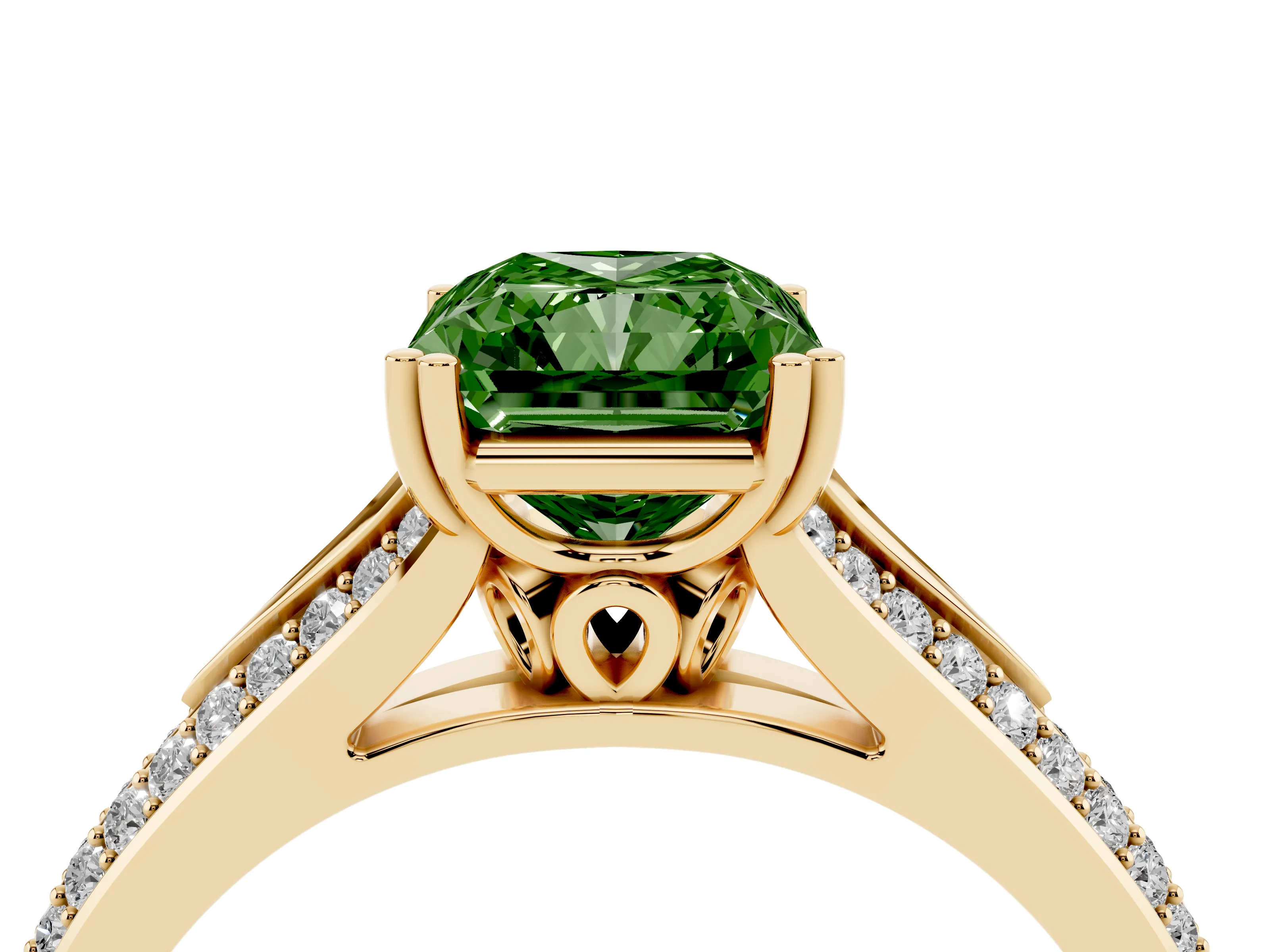 Fancy Green Radiant Cut Diamond Split Shank Pavé Engagement Ring Set in Yellow gold with Prong-Set Center Stone