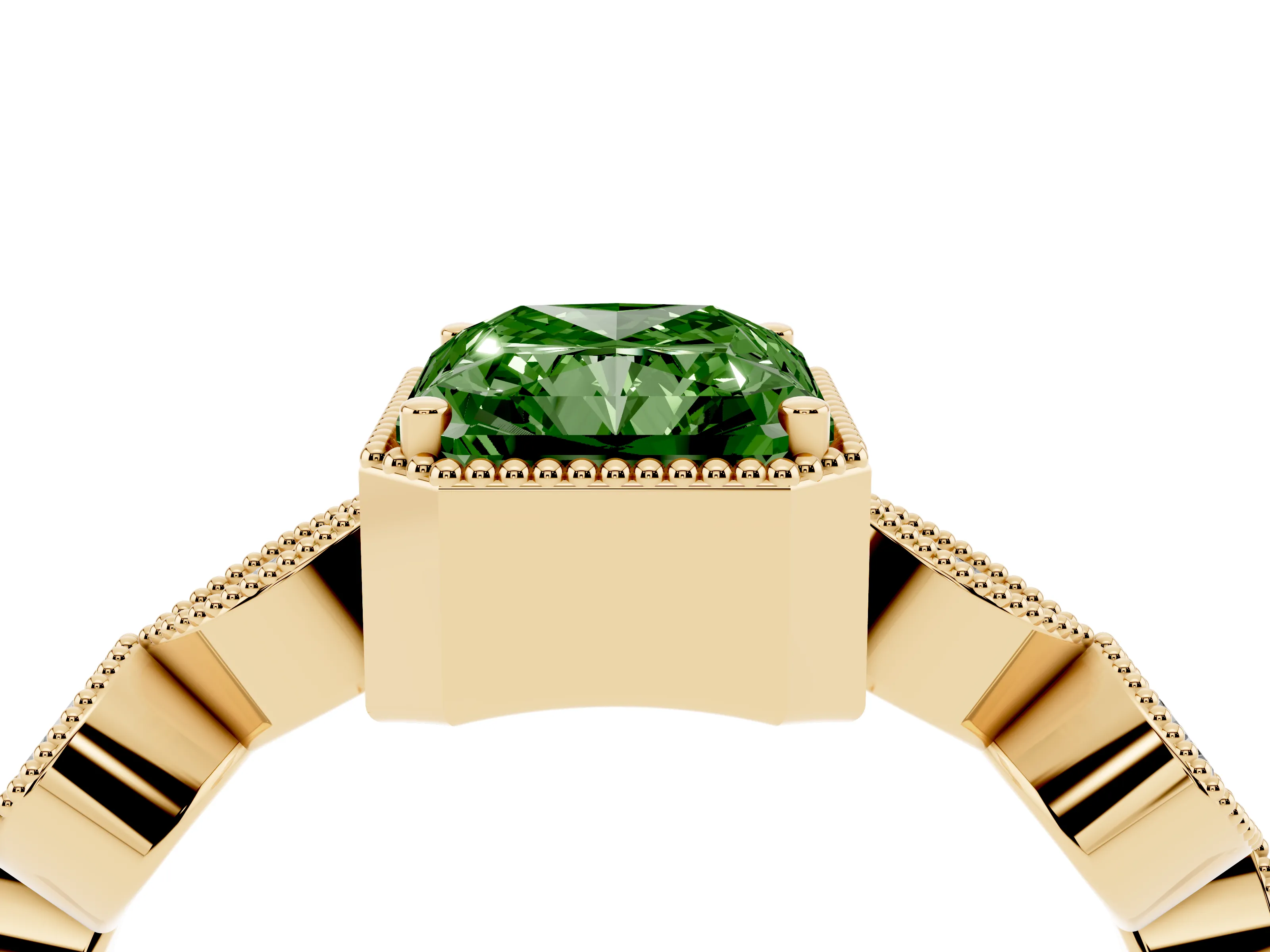Fancy Green Radiant Cut Diamond Vintage-Inspired Milgrain Ring Set in Yellow gold with Marquise Stations of Round Accents