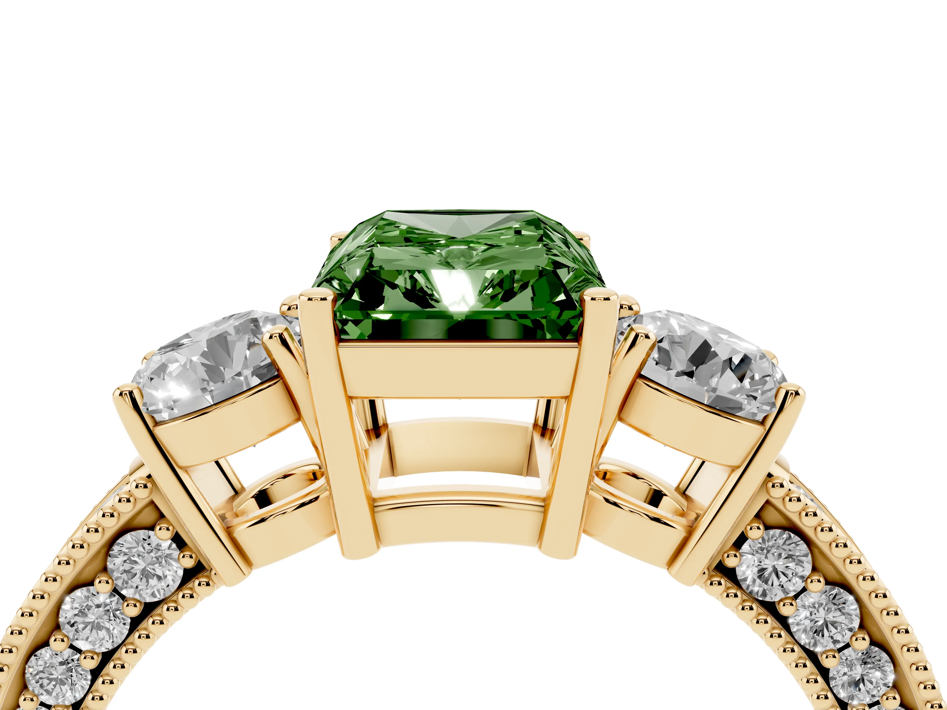 Fancy Green Radiant Cut Diamond Three-Stone Ring Set in Yellow gold with Round Side Stones and Pavé Band