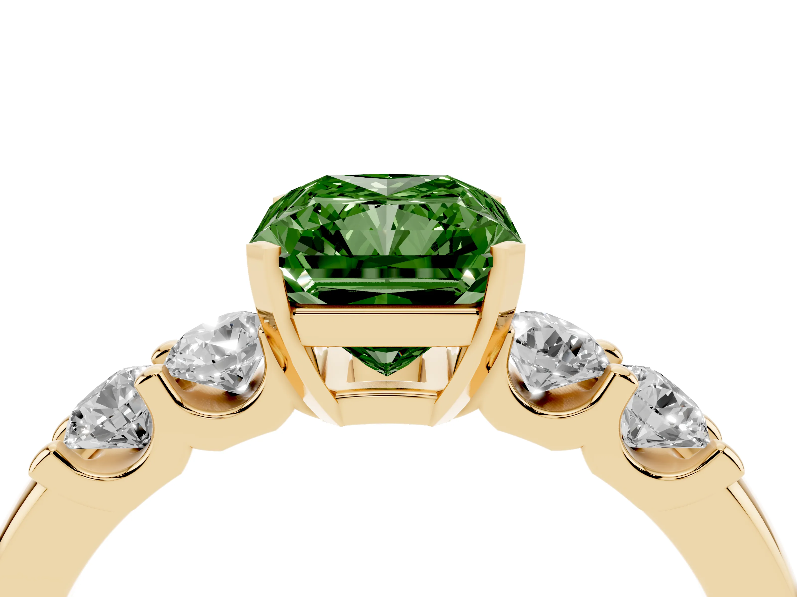 Fancy Green Radiant Cut Diamond Five-Stone Prong Set Engagement Ring Set in Yellow gold with Channel Band