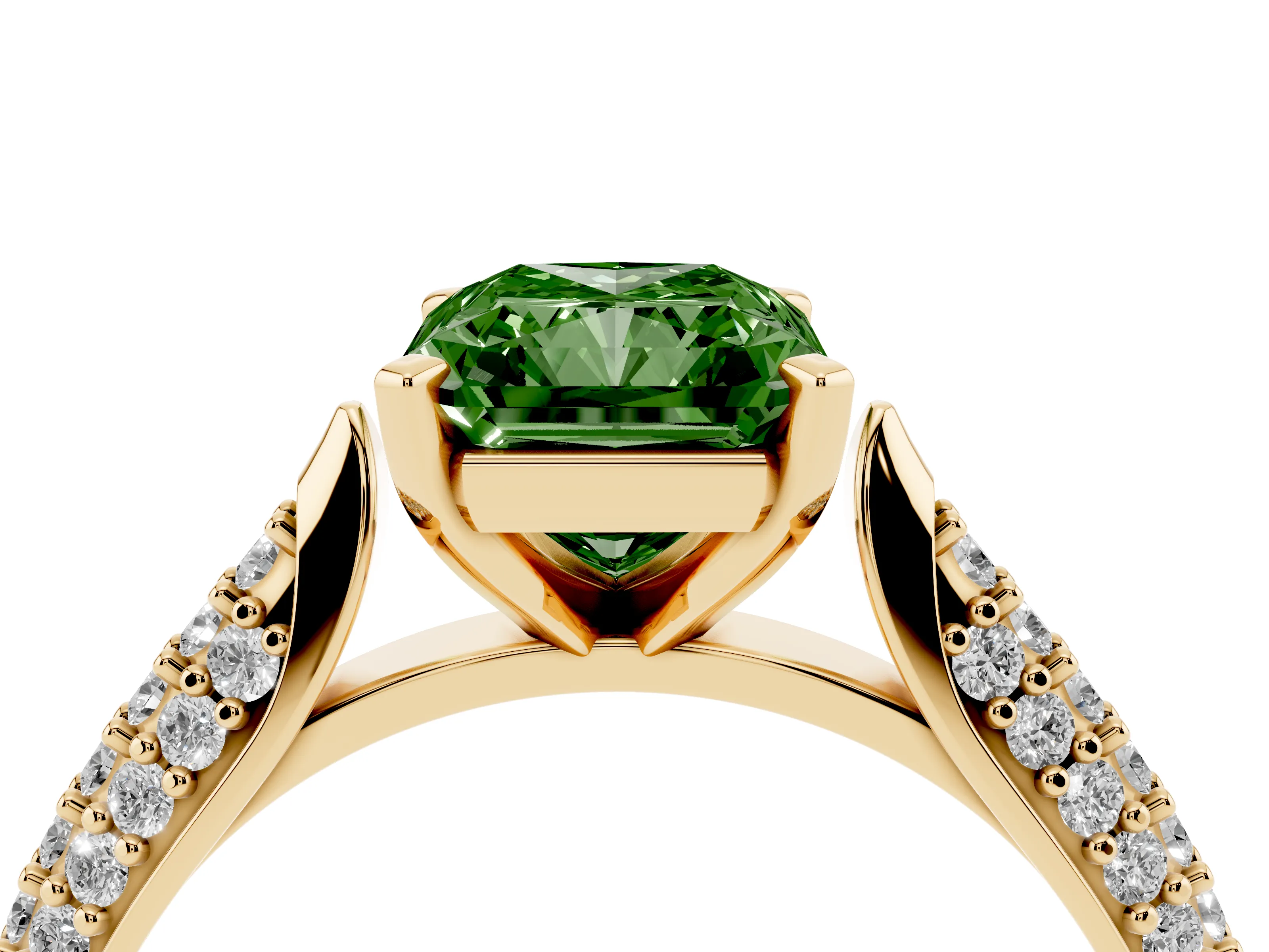 Fancy Green Radiant Cut Diamond Solitaire Engagement Ring Set in Yellow gold with Multi-Row Round Pavé Band and Prong Setting