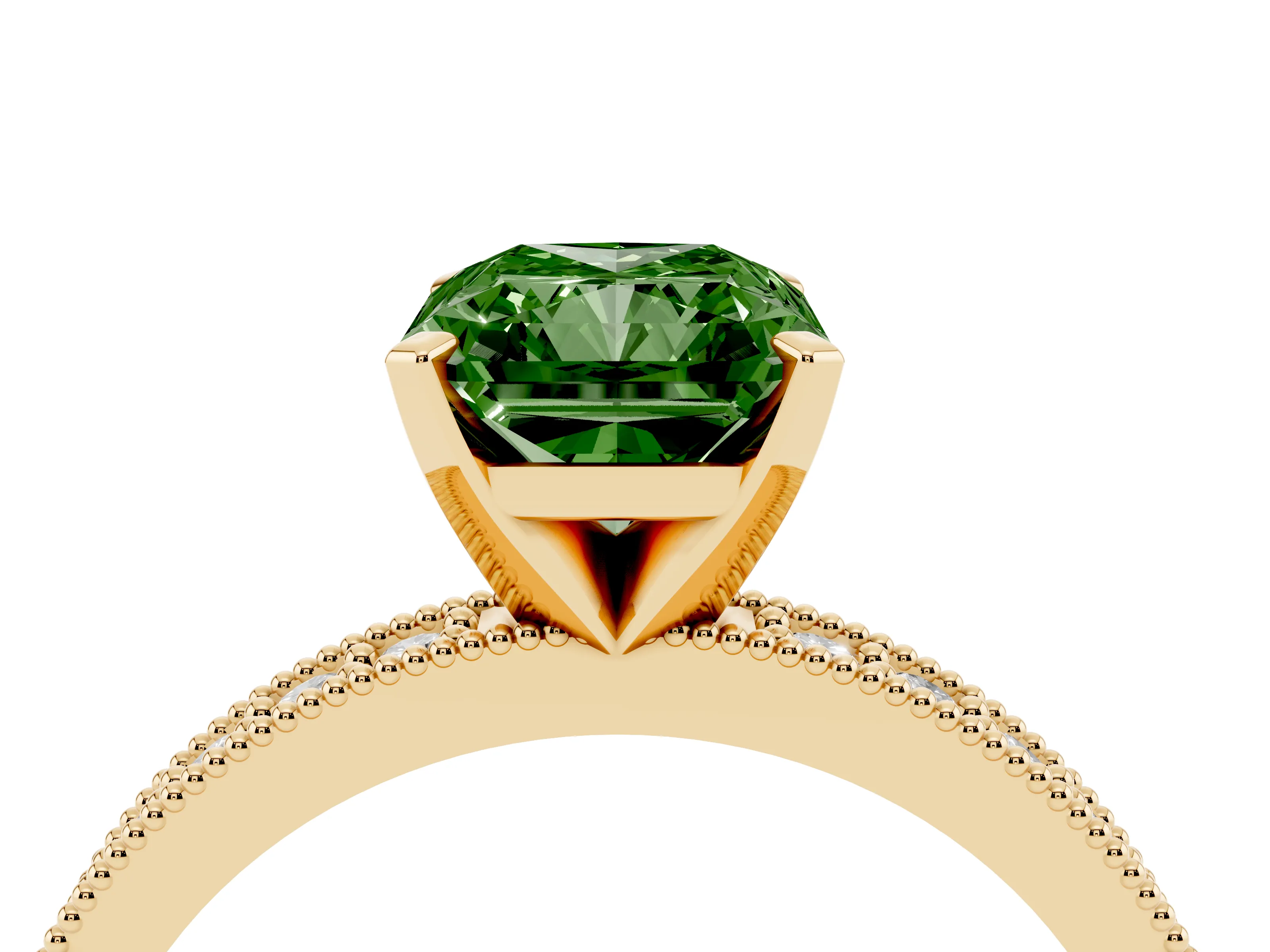 Fancy Green Radiant Cut Diamond Milgrain Pavé Engagement Ring Set in Yellow gold with Prong Setting