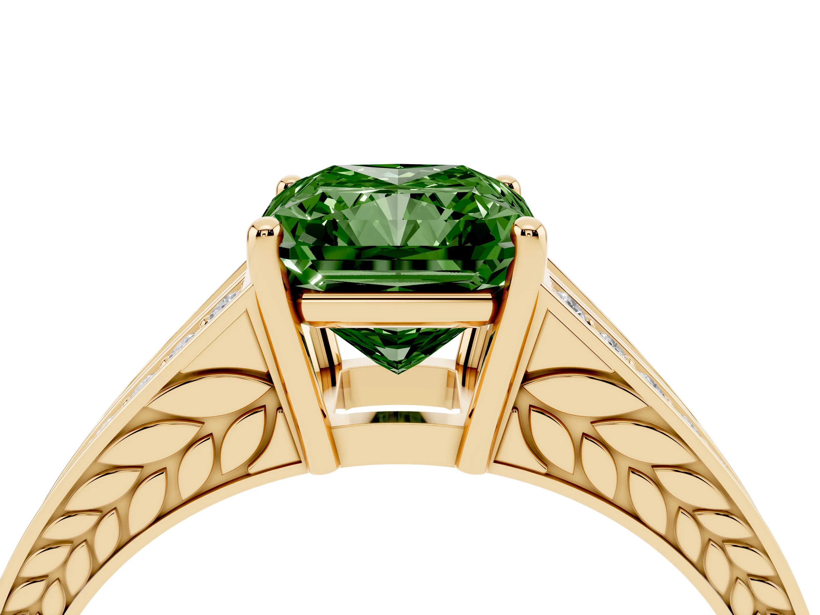 Fancy Green Radiant Cut Diamond Split Shank Ring Set in Yellow gold with Pavé Band and Prong Setting