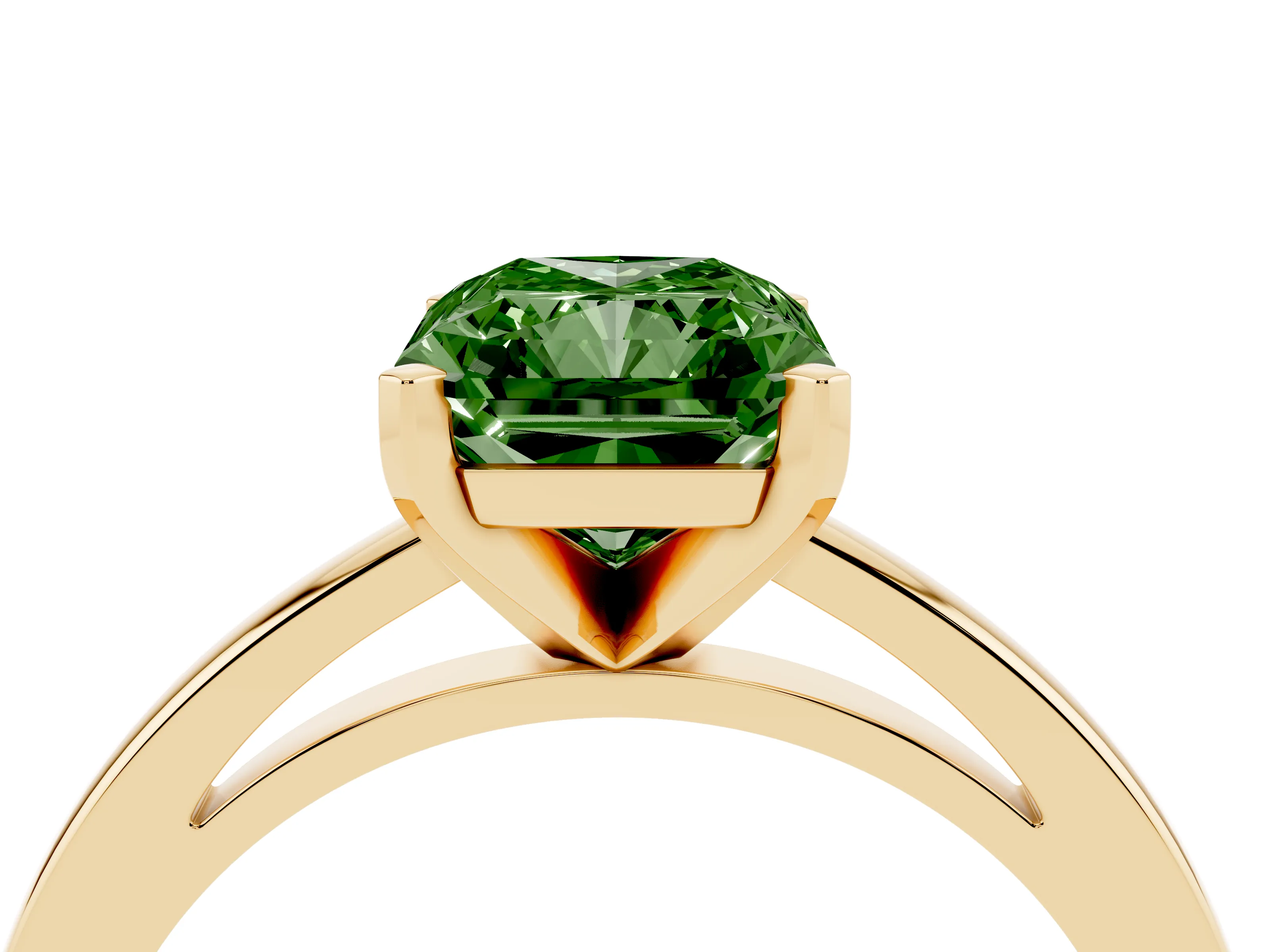Fancy Green Radiant Cut Diamond Solitaire Engagement Ring Set in Yellow gold with Prong Setting on a Classic Band