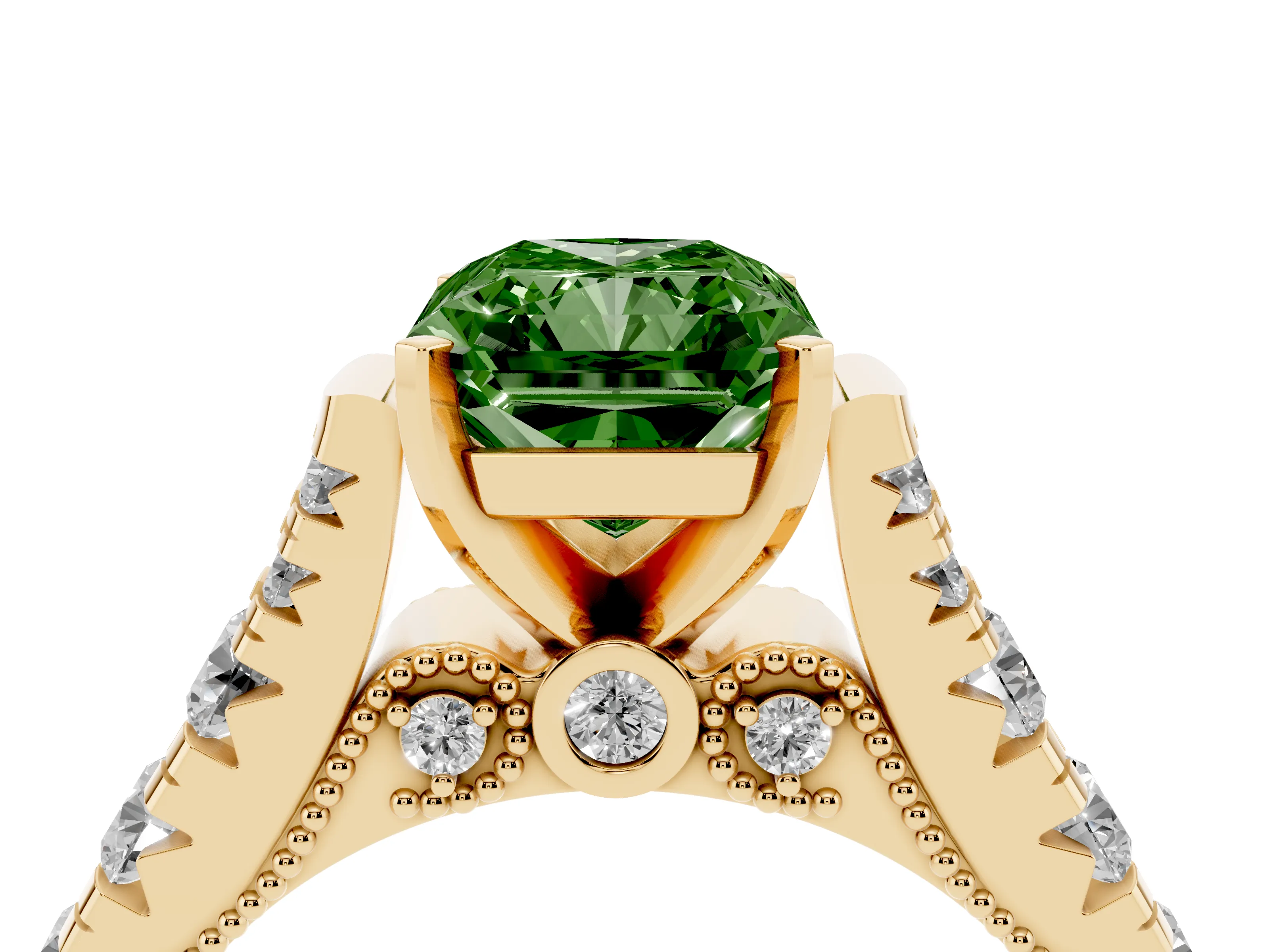 Fancy Green Radiant Cut Diamond Classic Solitaire Ring Set in Yellow gold with Pavé Band and Prong Setting