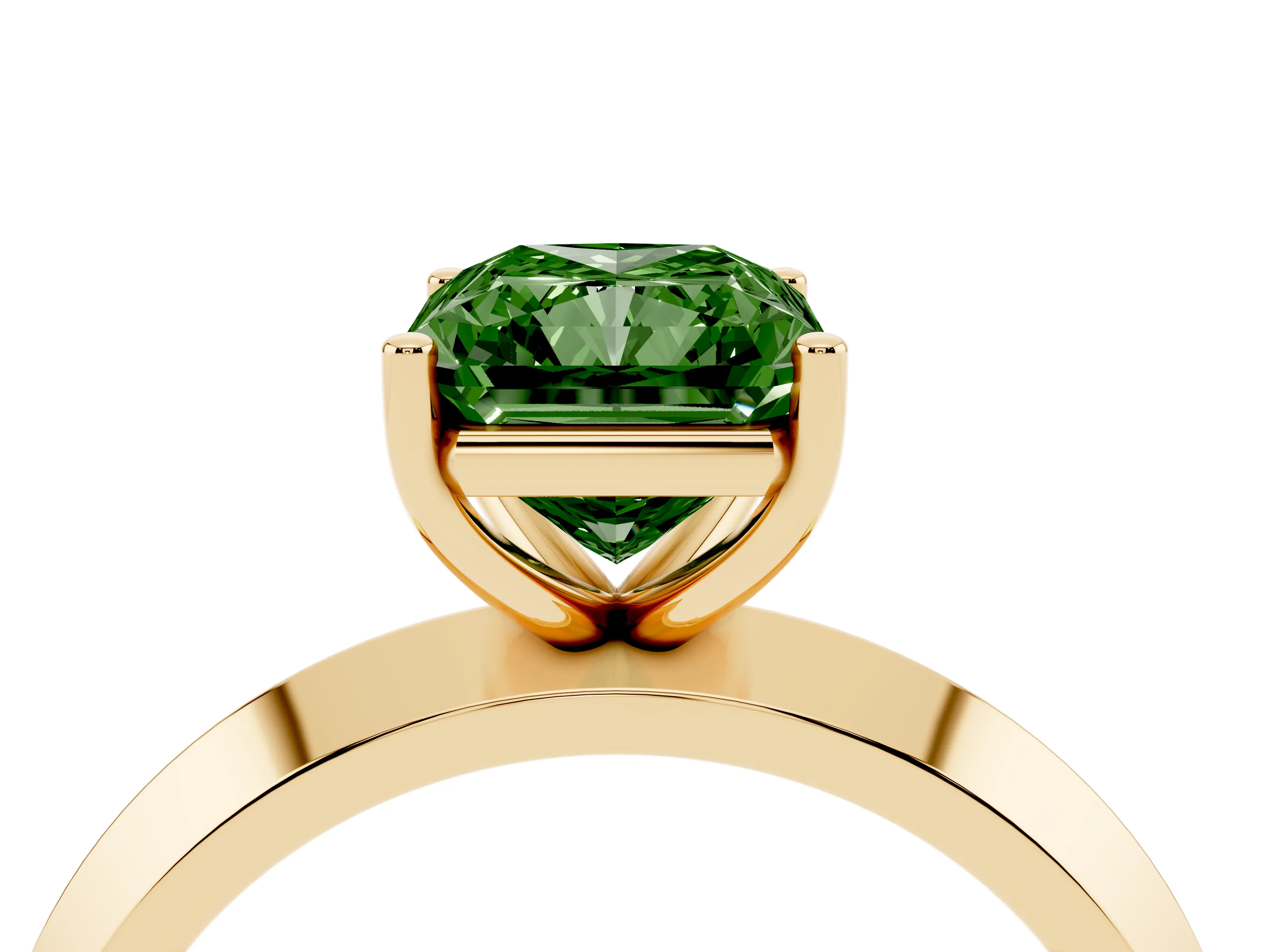 Fancy Green Radiant Cut Diamond Solitaire Engagement Ring Set in Yellow gold with Flat Band and Prong Setting