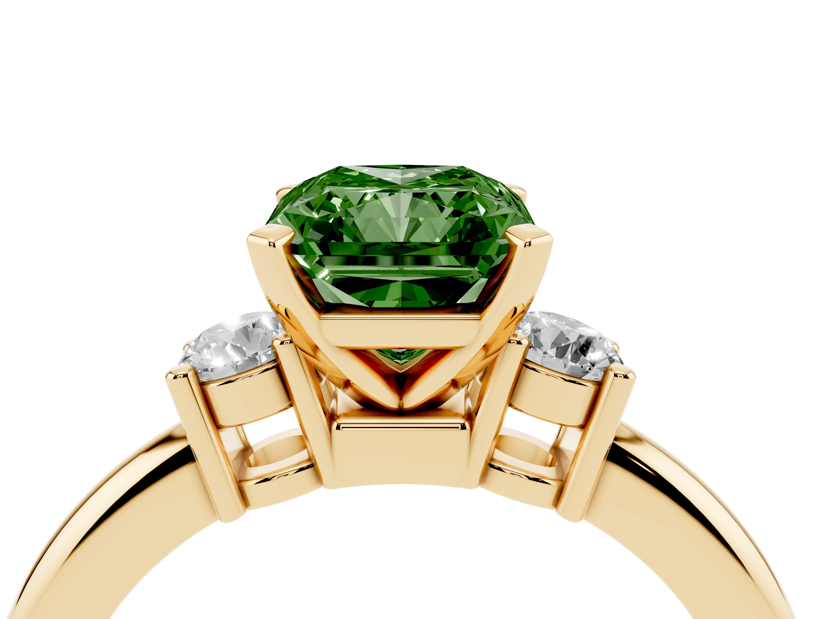 Fancy Green Three-Stone Radiant Cut Diamond Ring Set in Yellow gold with Prong Setting and Plain Band