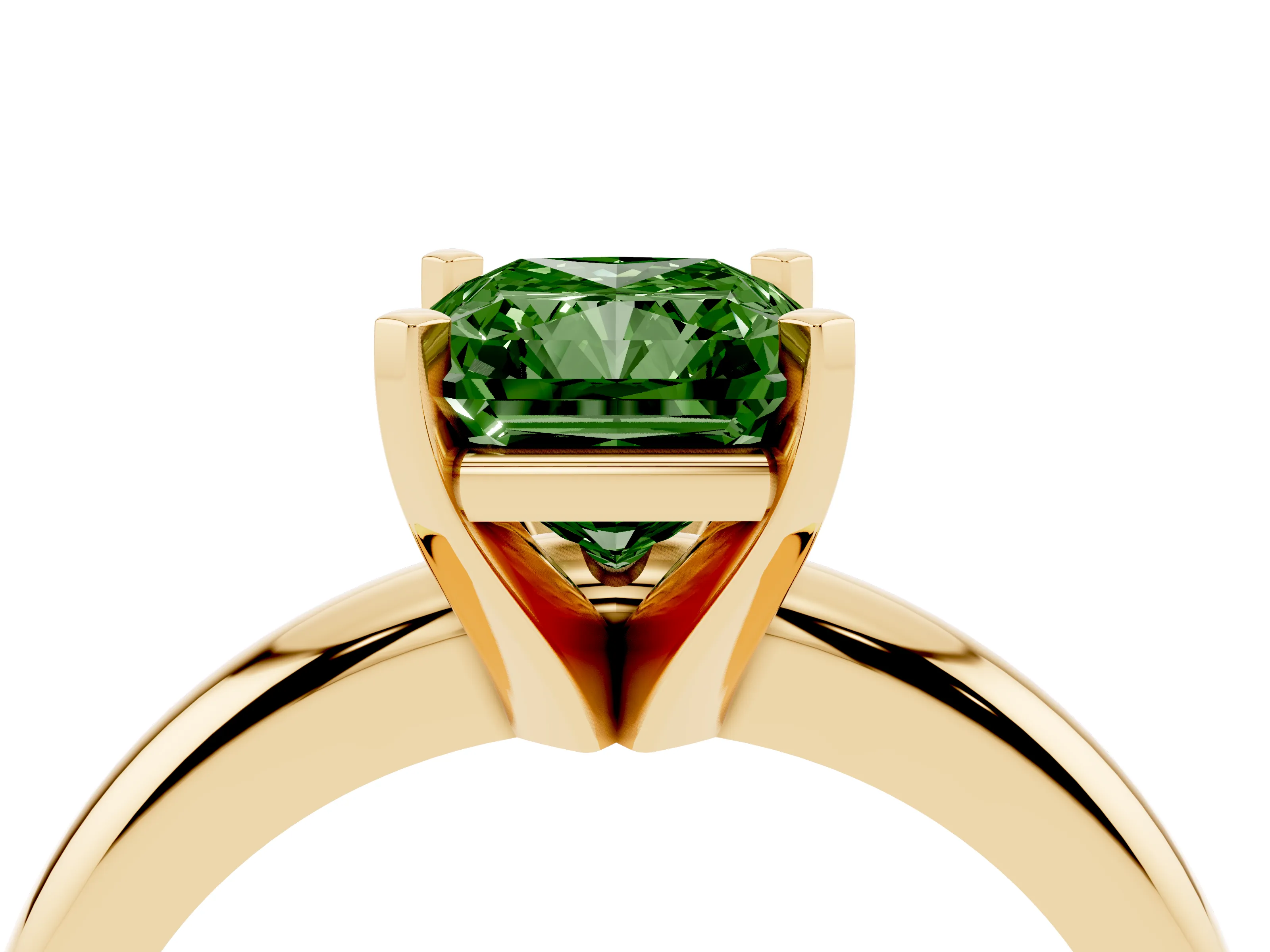 Fancy Green Radiant Cut Diamond Solitaire Engagement Ring Set in Yellow gold with Round Band and Prong Setting