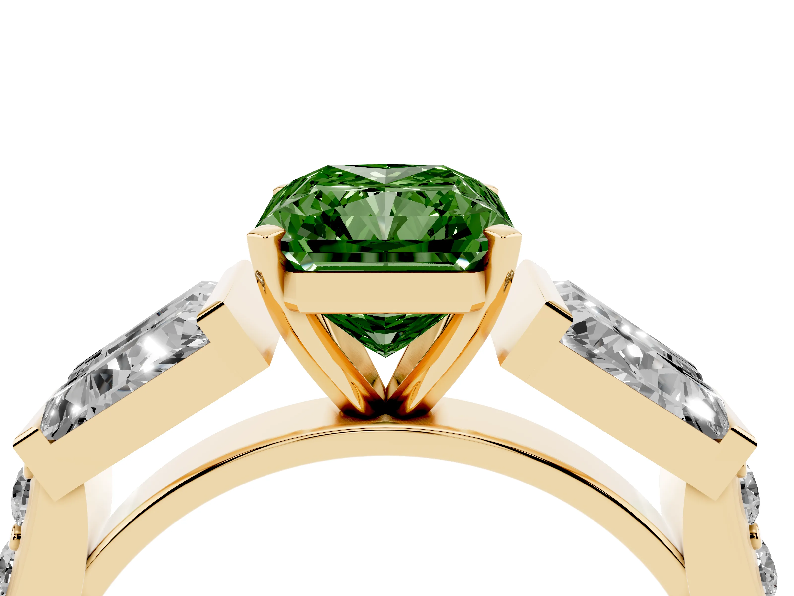 Fancy Green Radiant Cut Diamond Engagement Ring Set in Yellow gold with Baguette Side Stones and Channel Set Band