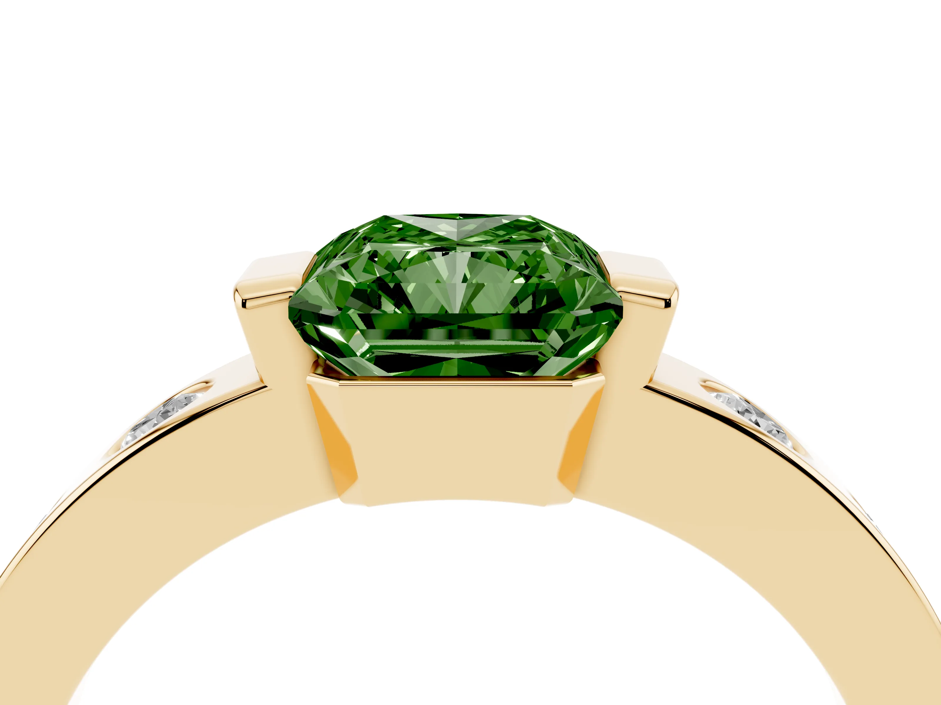 Fancy Green Radiant Cut Diamond Channel-Set Band Ring Set in Yellow gold with Bezel Prong Setting