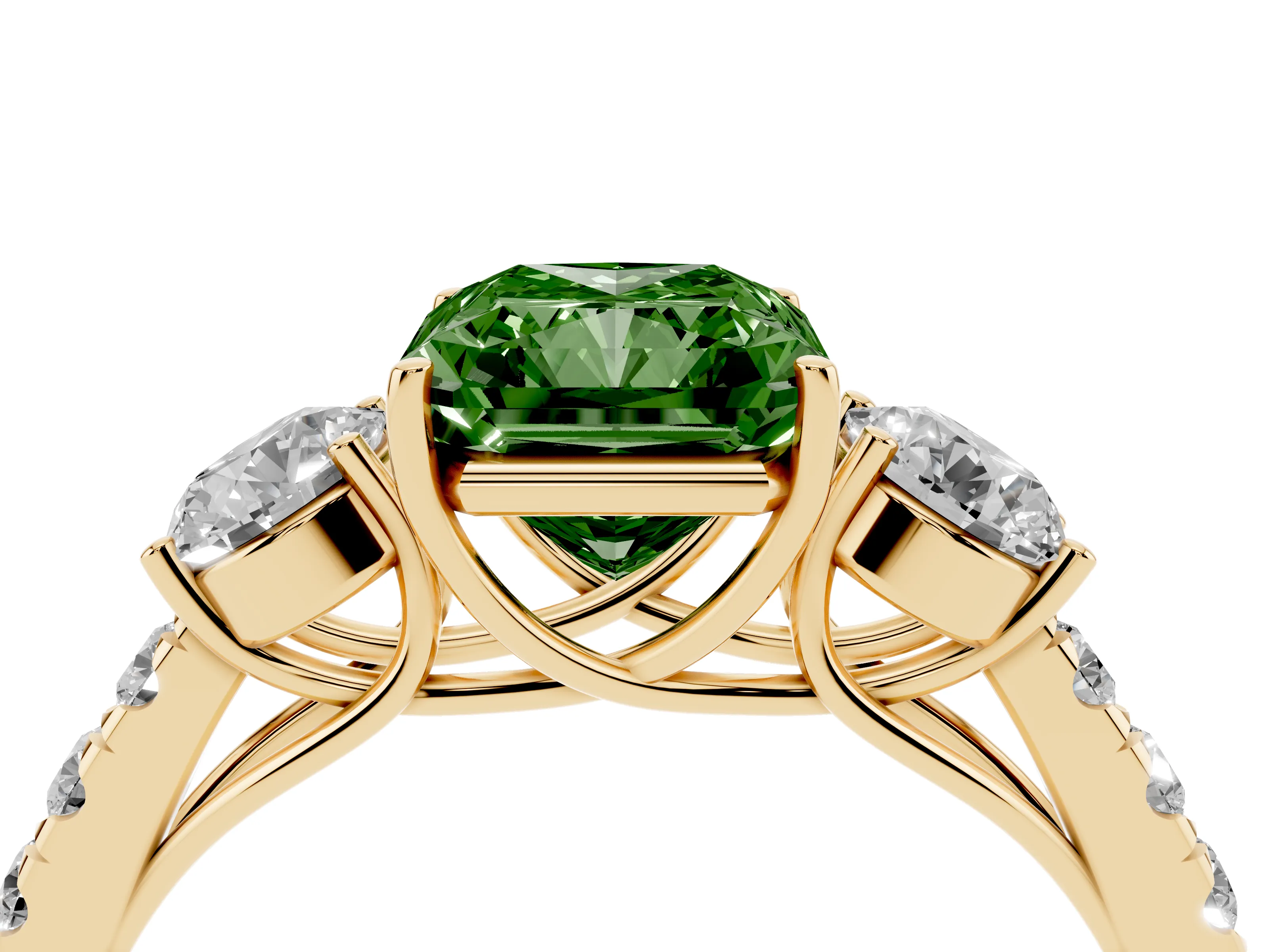 Fancy Green Radiant Cut Diamond Three-Stone Ring Set in Yellow gold with Round Side Stones and Delicate Pavé Band
