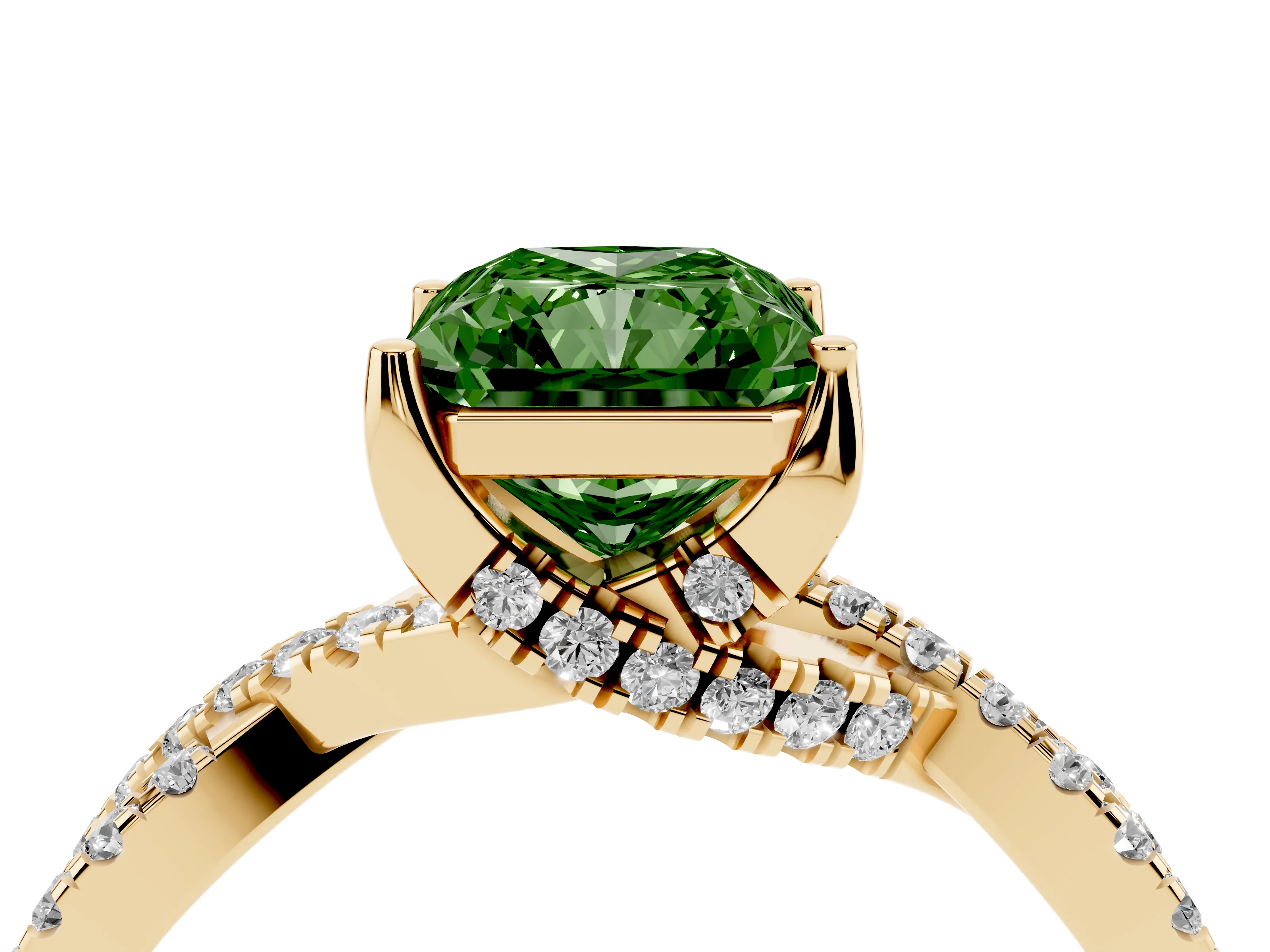 Fancy Green Radiant Cut Diamond Twist Pavé Solitaire Engagement Ring Set in Yellow gold with Prong Setting
