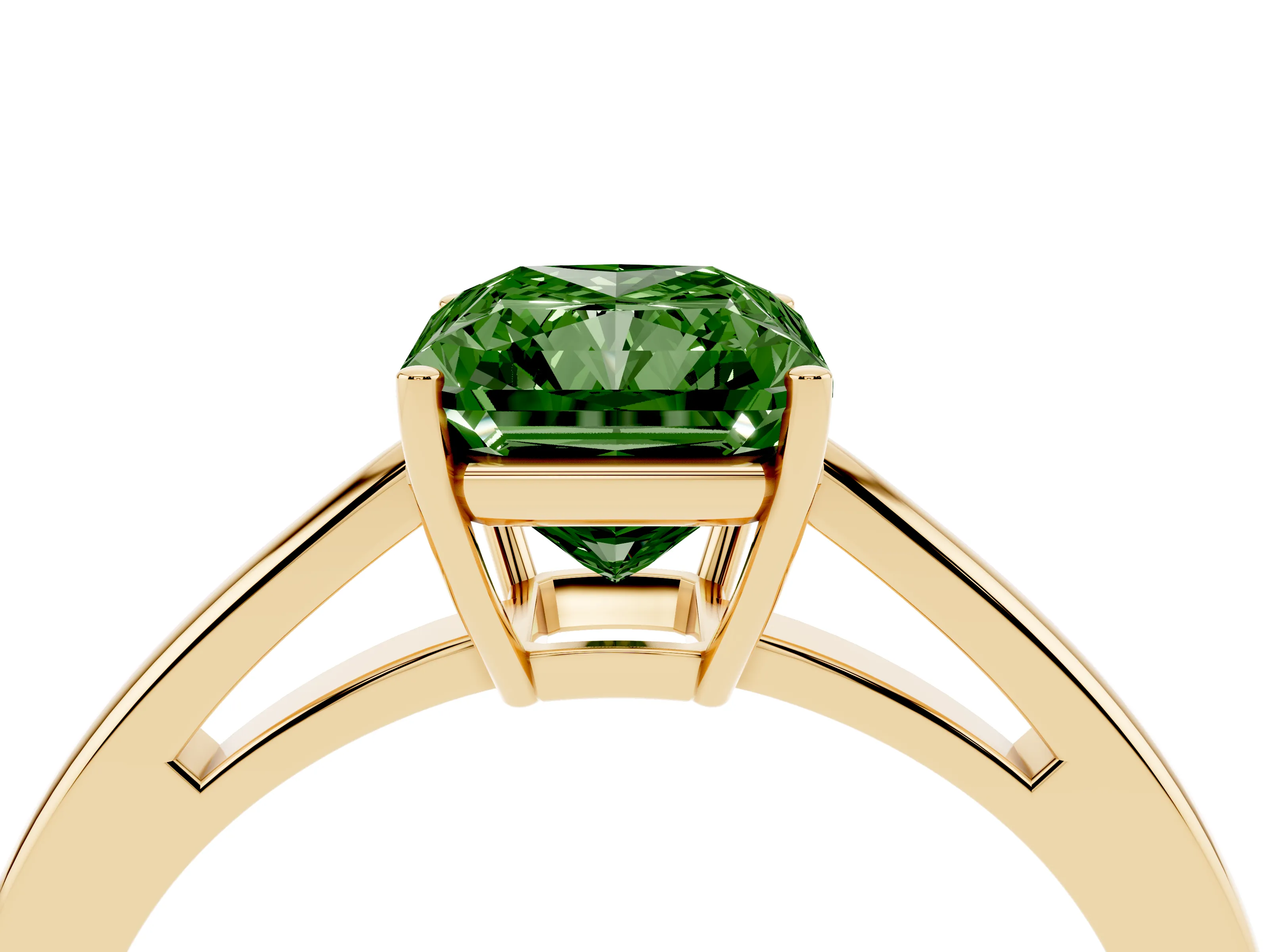 Fancy Green Radiant Cut Diamond Solitaire Ring Set in Yellow gold with Split Shank and Prong Setting