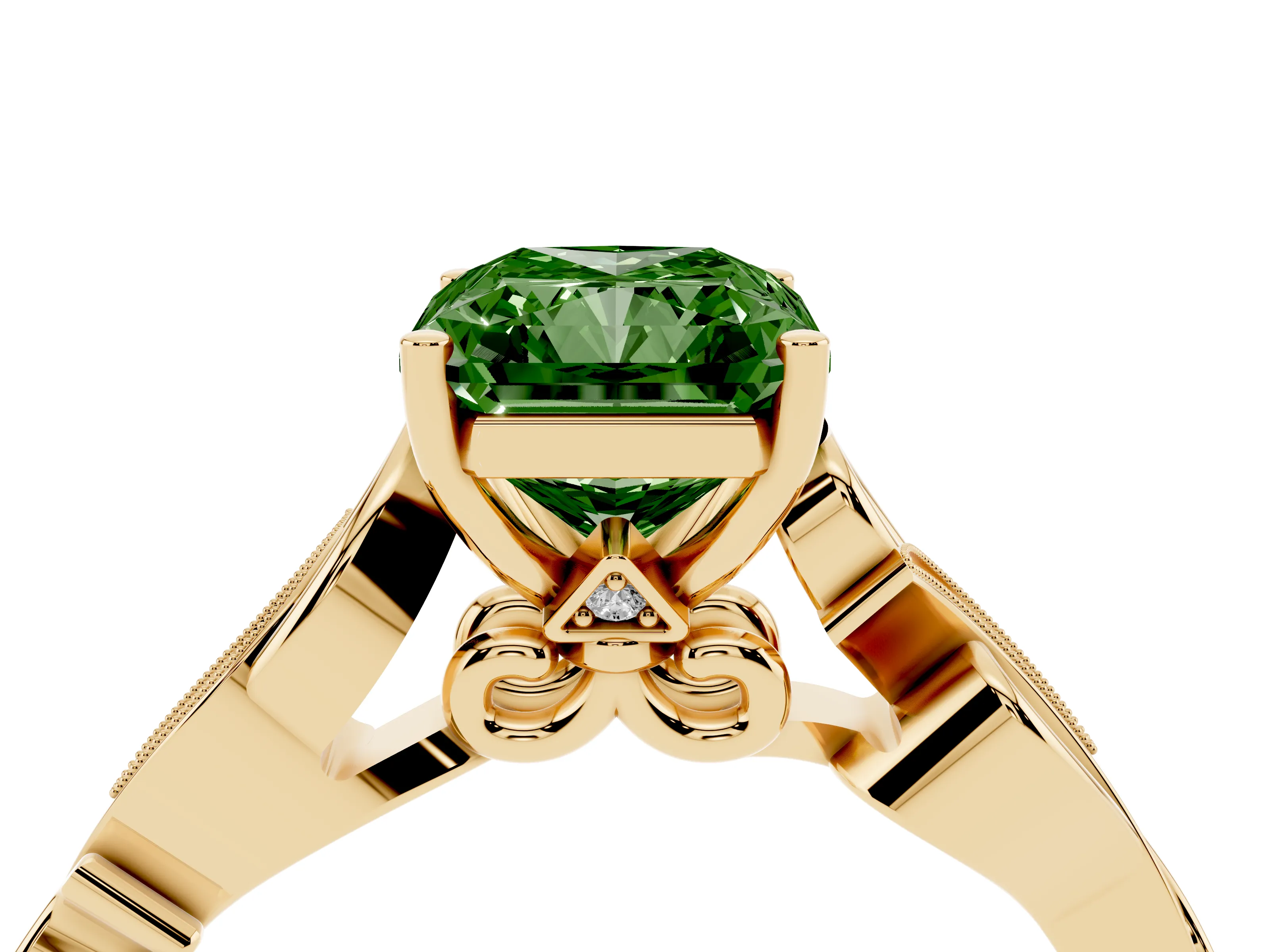 Fancy Green Radiant Cut Diamond Vine Band Solitaire Ring Set in Yellow gold with Milgrain Prong Setting