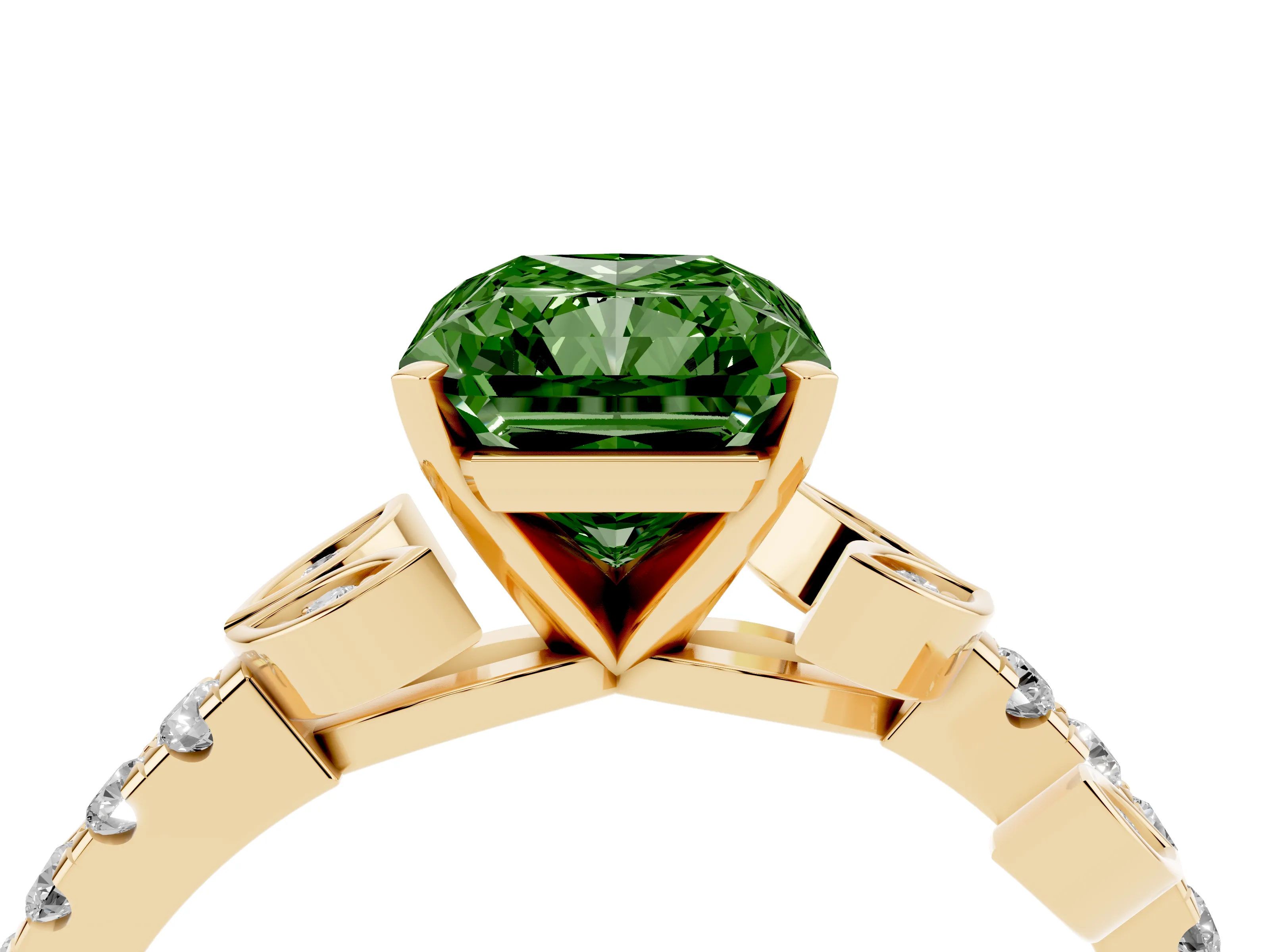 Fancy Green Radiant Cut Diamond Solitaire Leaf-Inspired Ring Set in Yellow gold with Pavé Band and Prong Setting