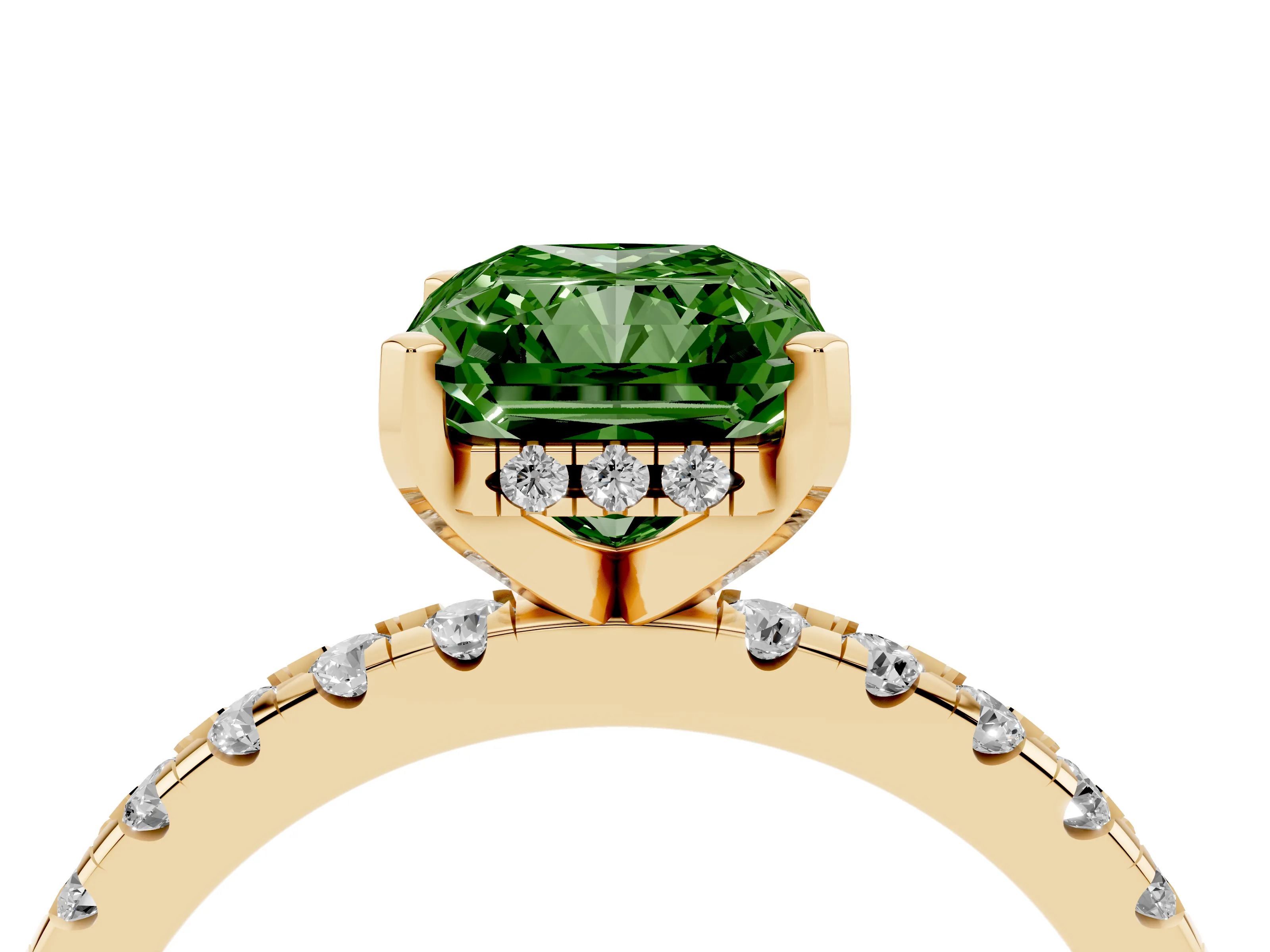 Fancy Green Radiant Cut Diamond Pavé Solitaire Ring Set in Yellow gold with Round Band Accents and Prong Setting