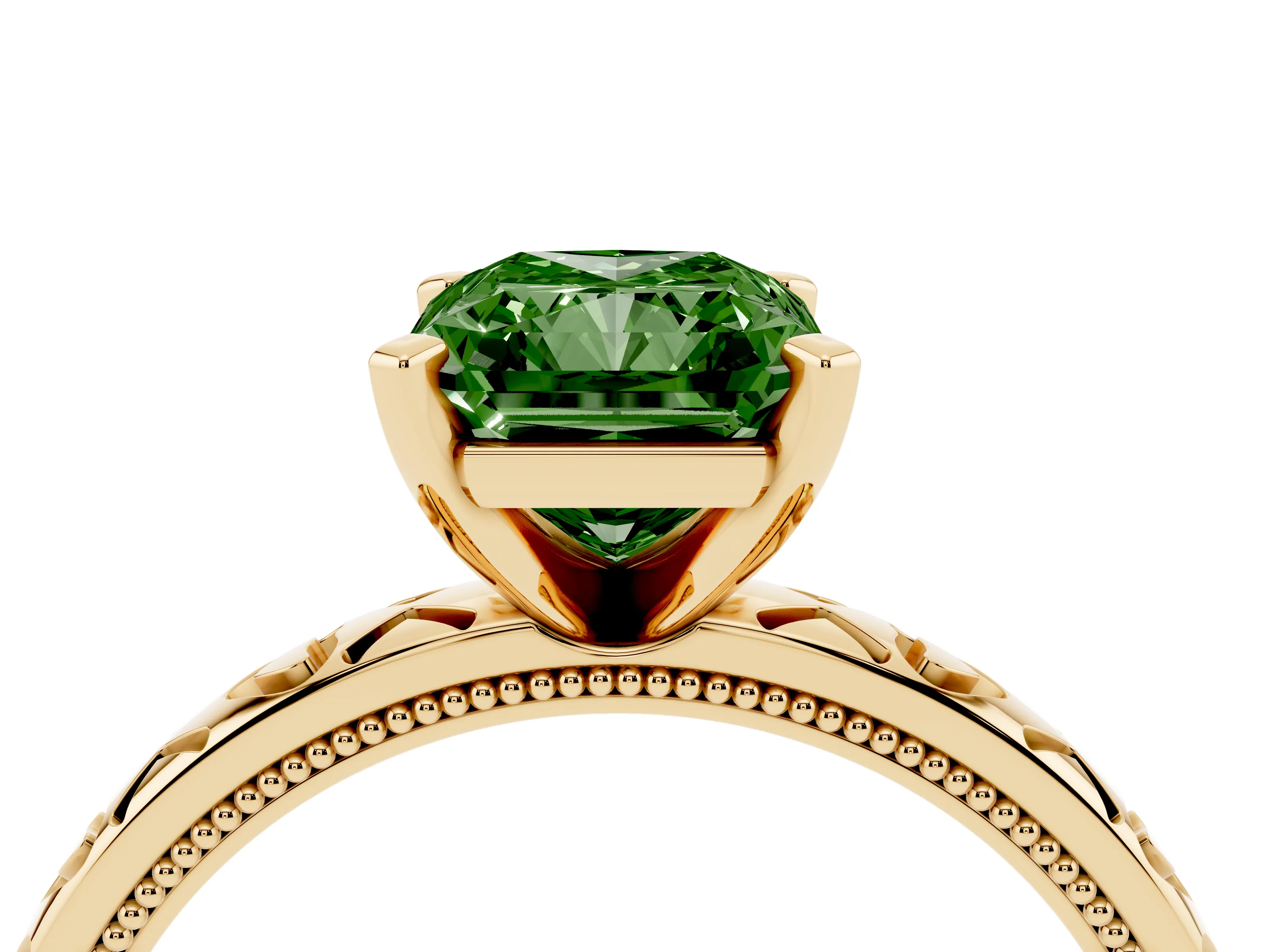 Fancy Green Radiant Cut Diamond Solitaire Engagement Ring Set in Yellow gold with XO Engraved Band and Prong Setting