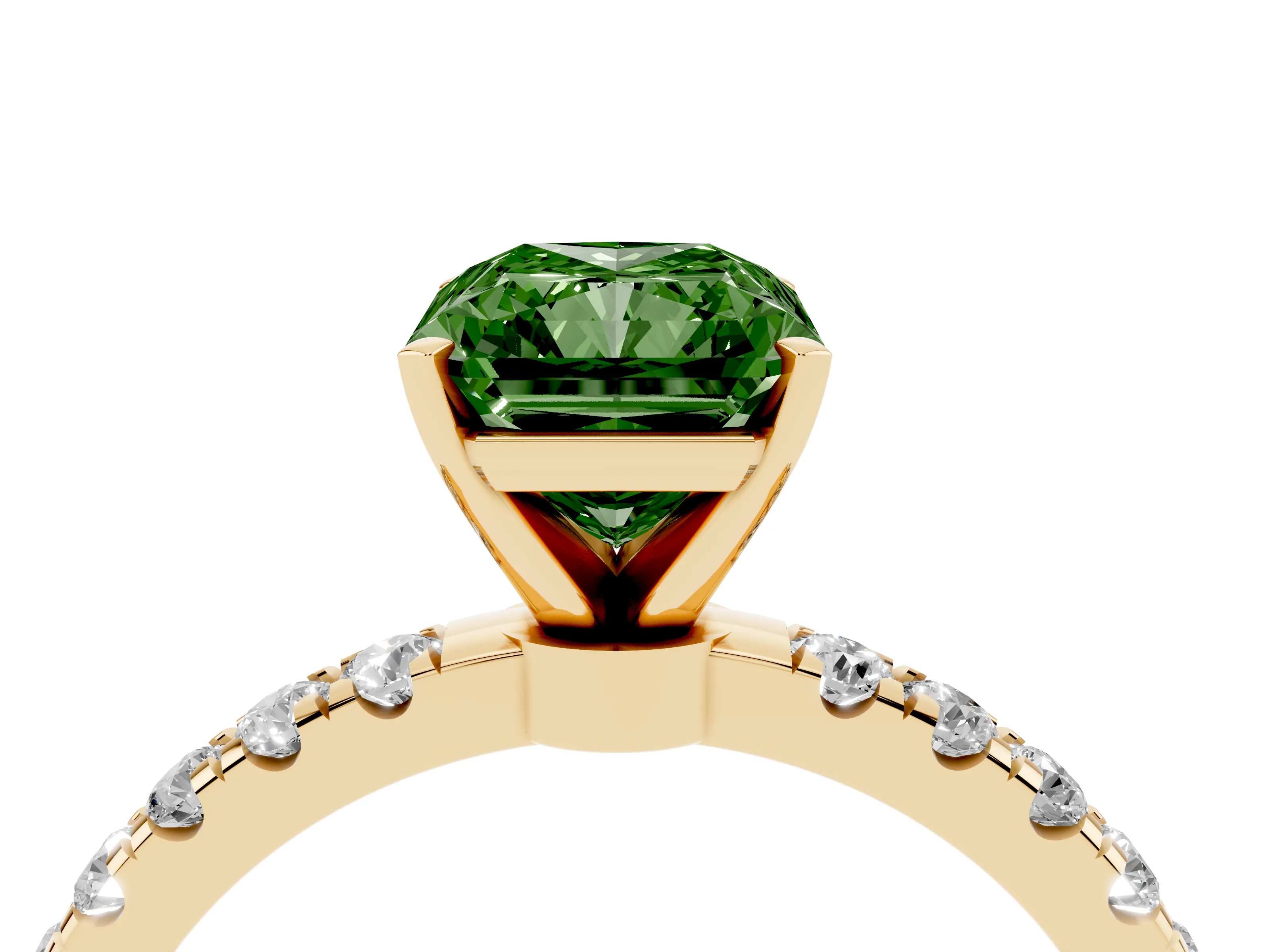 Fancy Green Radiant Cut Diamond Solitaire Ring Set in Yellow gold with Pavé Accents and Prong Setting