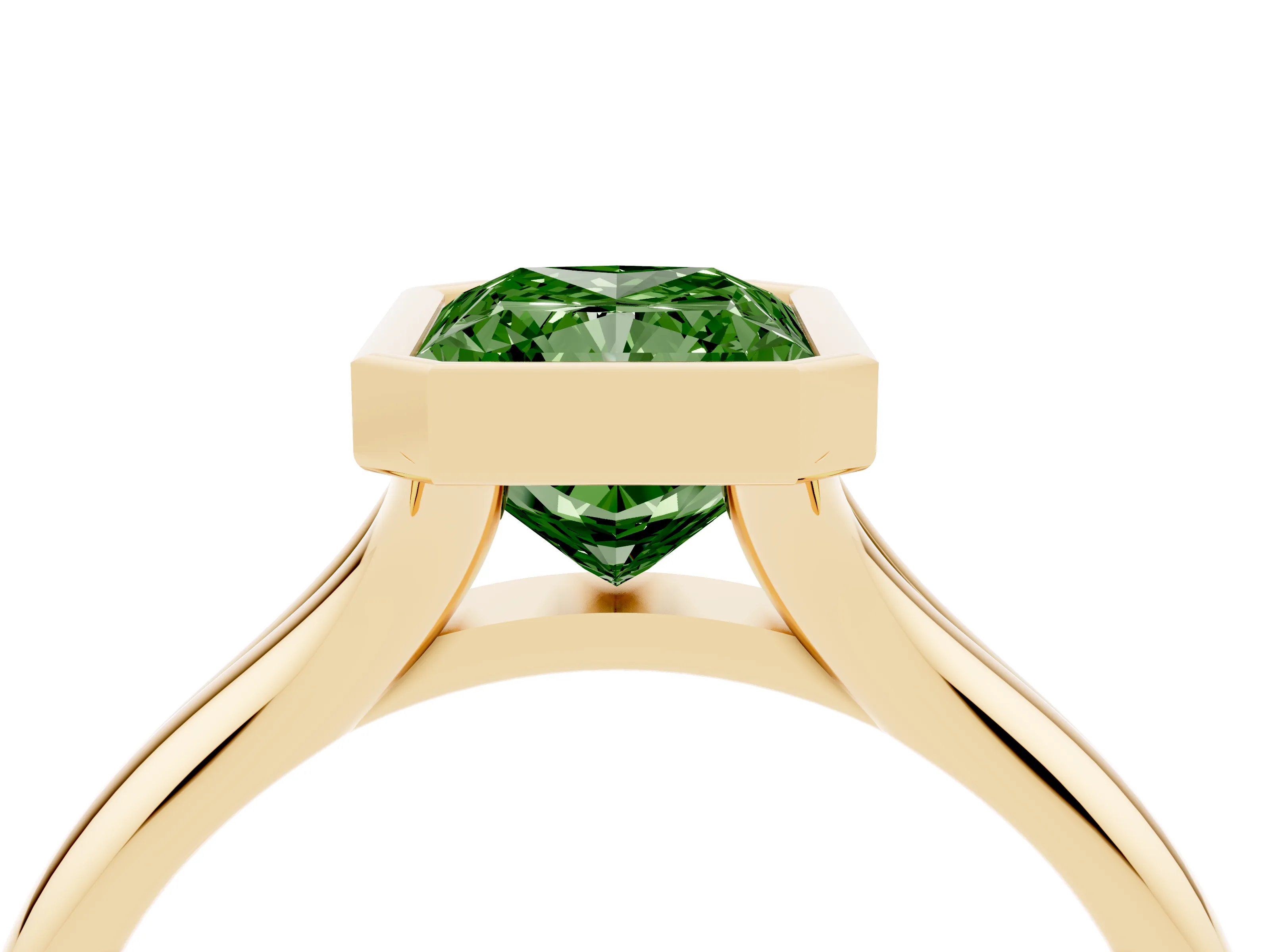 Fancy Green Bezel Set Radiant Cut Diamond Solitaire Ring Set in Yellow gold with Smooth Band