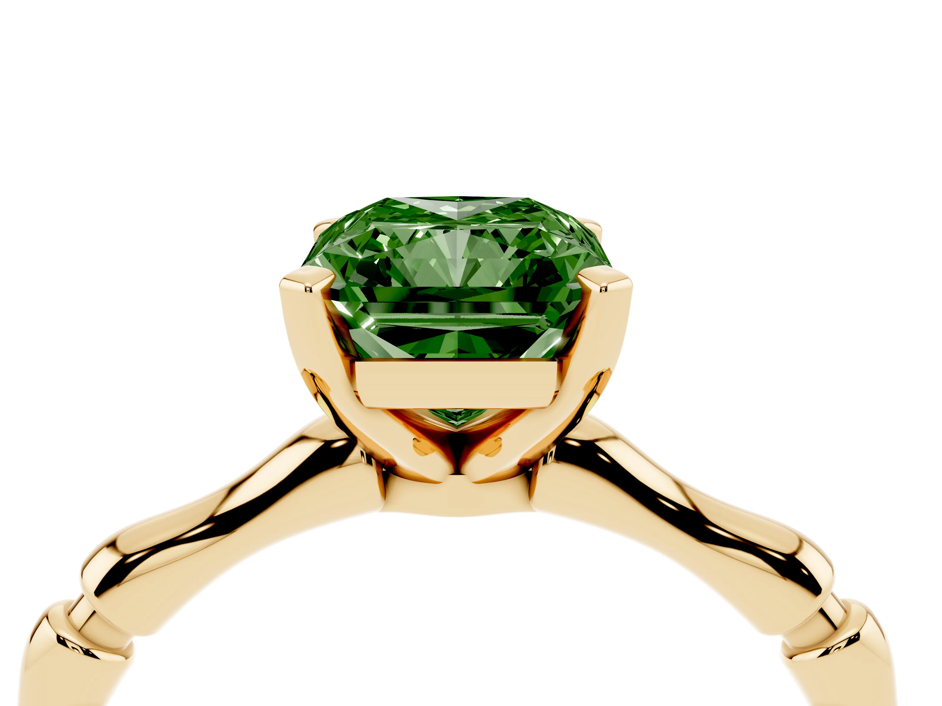 Fancy Green Radiant Cut Diamond Solitaire Ring Set in Yellow gold with Bamboo Band and Prong Setting