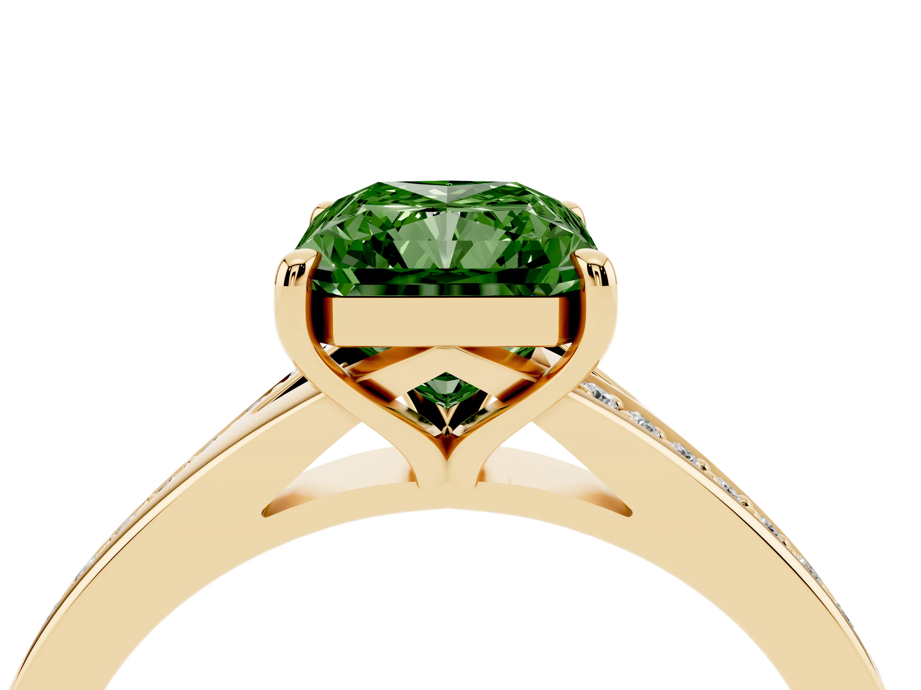 Fancy Green Radiant Cut Diamond Solitaire Ring Set in Yellow gold with Pavé Accent Band and Classic Prong Setting