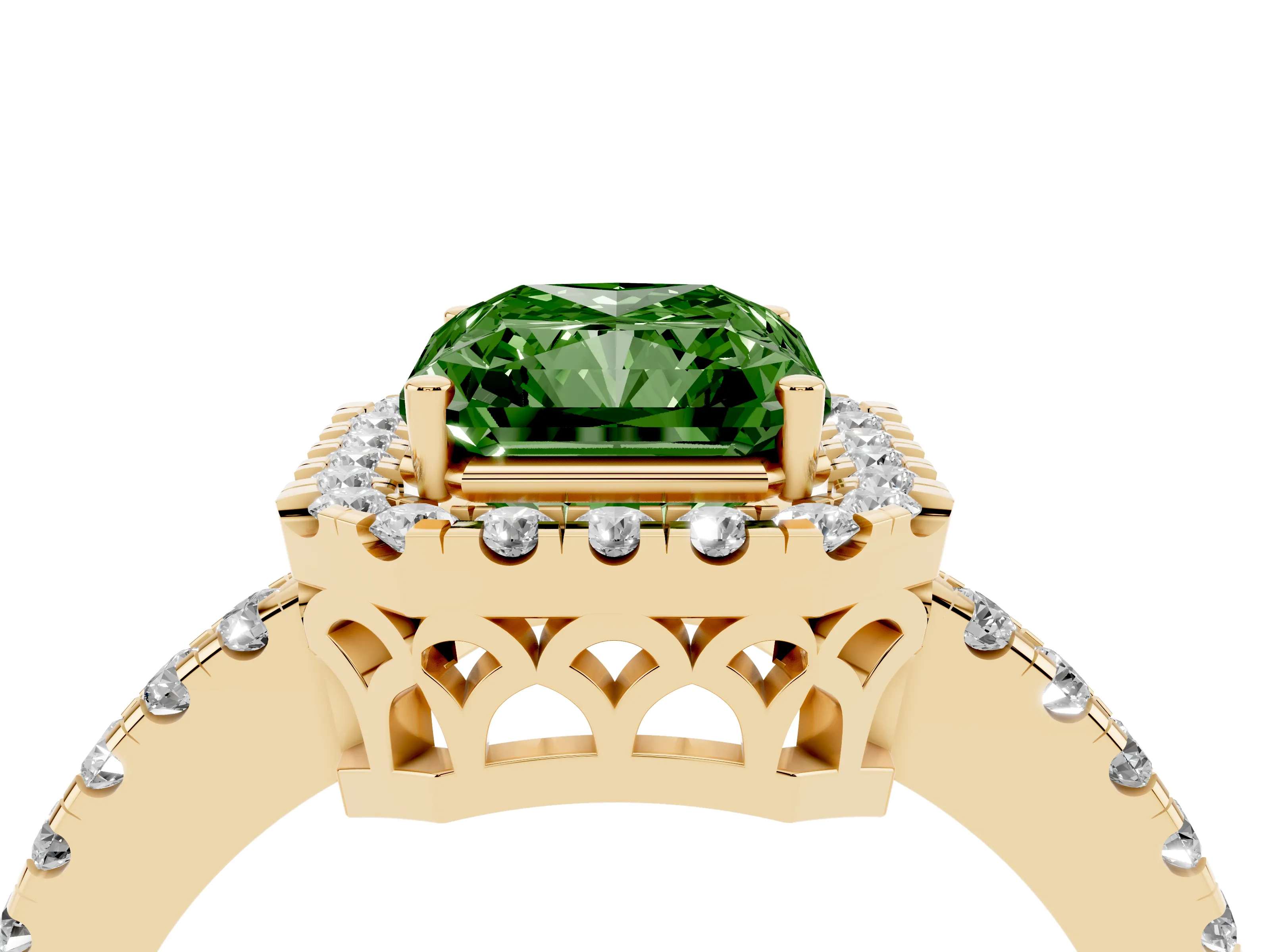Fancy Green Radiant Cut Diamond Pavé Band Halo Engagement Ring Set in Yellow gold with Prong Setting