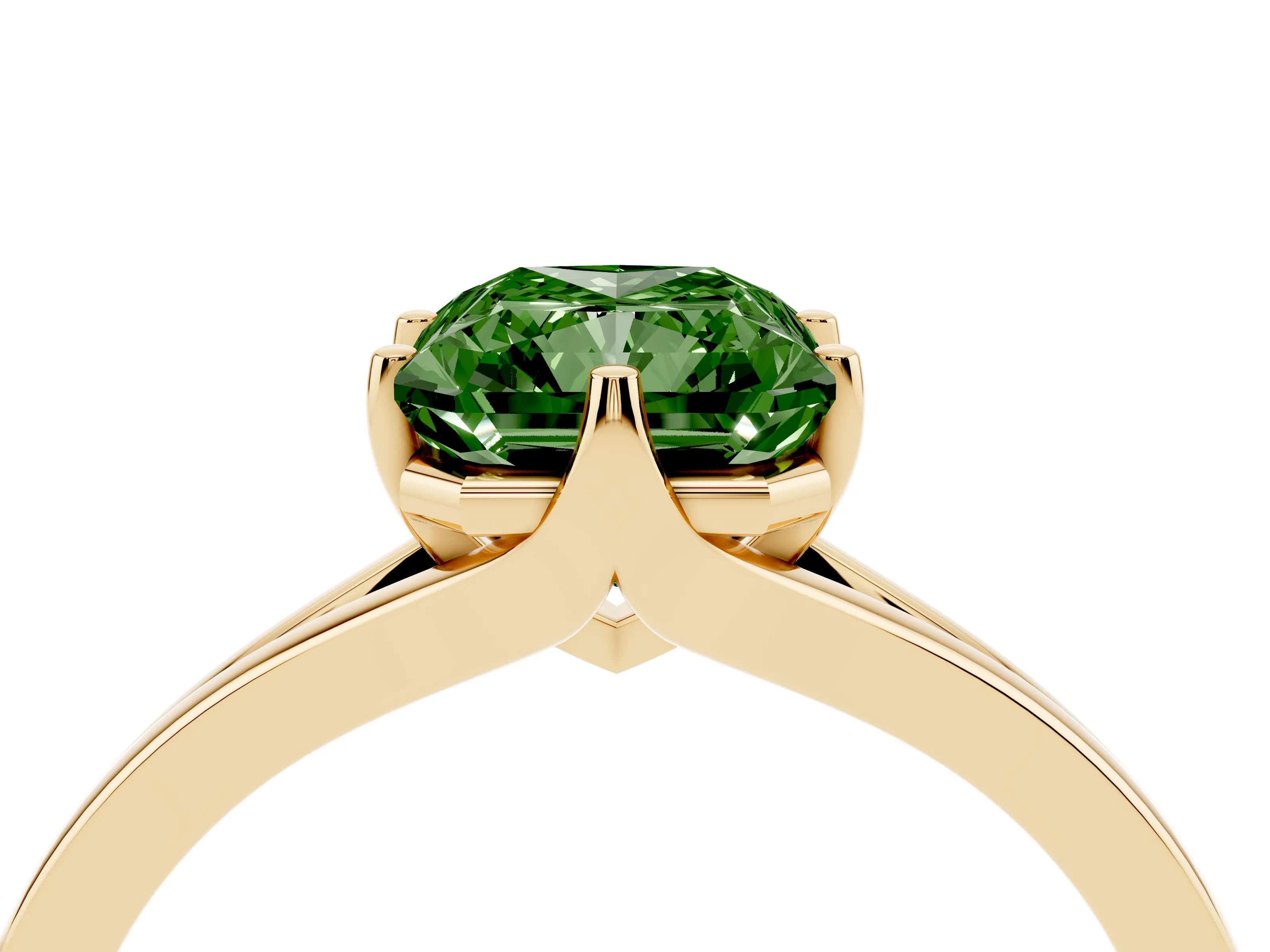 Fancy Green Radiant Cut Diamond Solitaire Ring Set in Yellow gold with Polished Tapered Band and Prong Setting