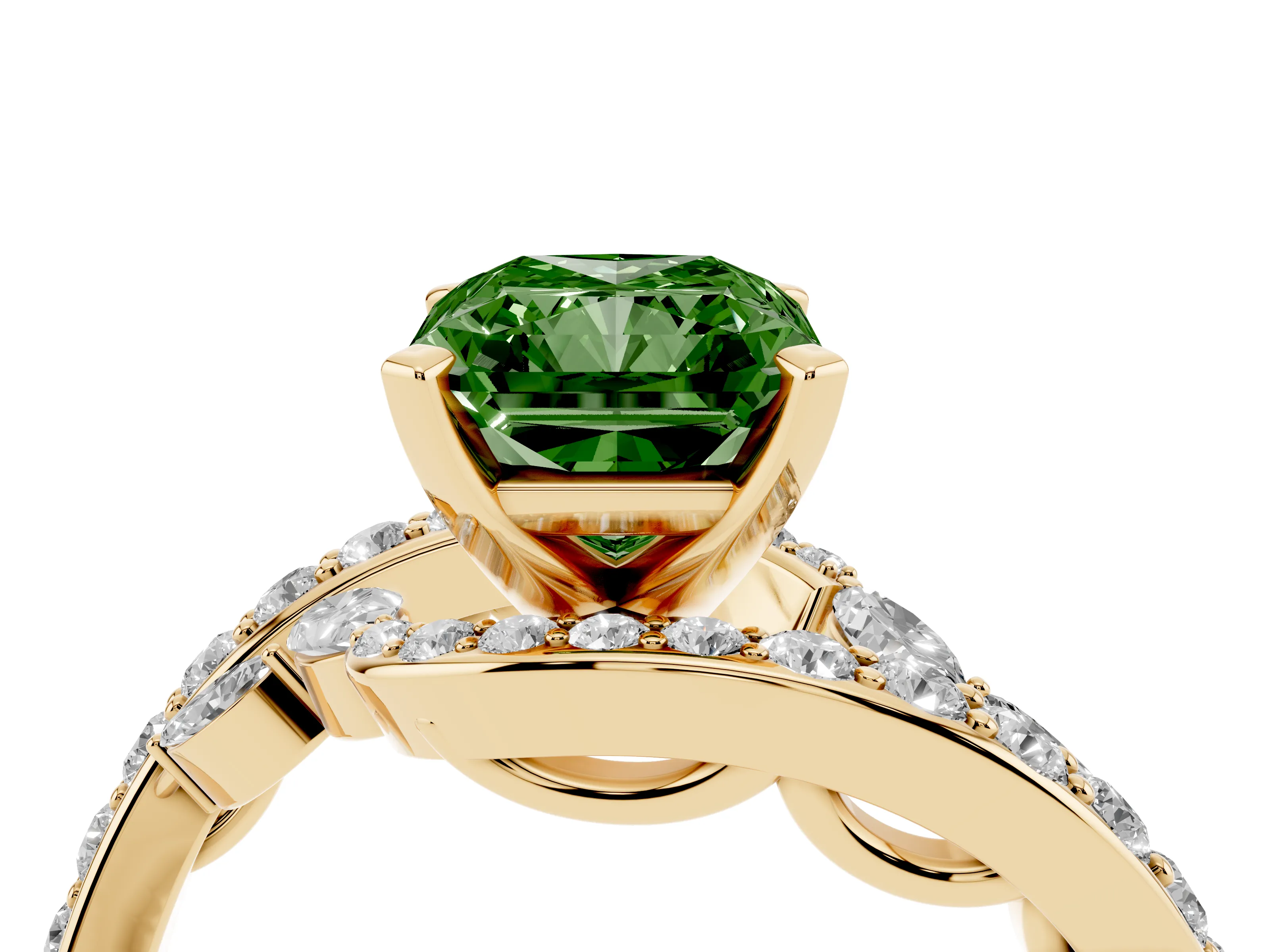 Fancy Green Radiant Cut Diamond Solitaire Ring Set in Yellow gold with Pavé Twist Band and Secure Prong Setting